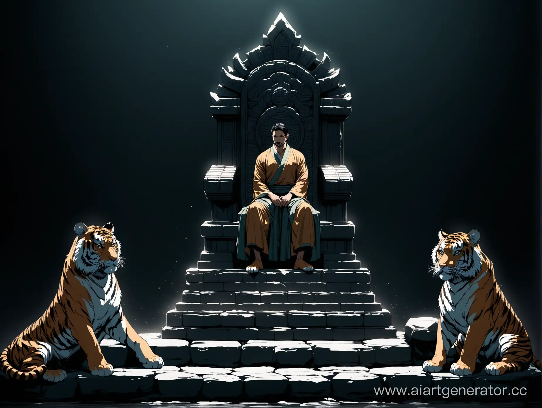 Regal-Man-on-Stone-Throne-with-Two-Tigers-in-Dark-Setting