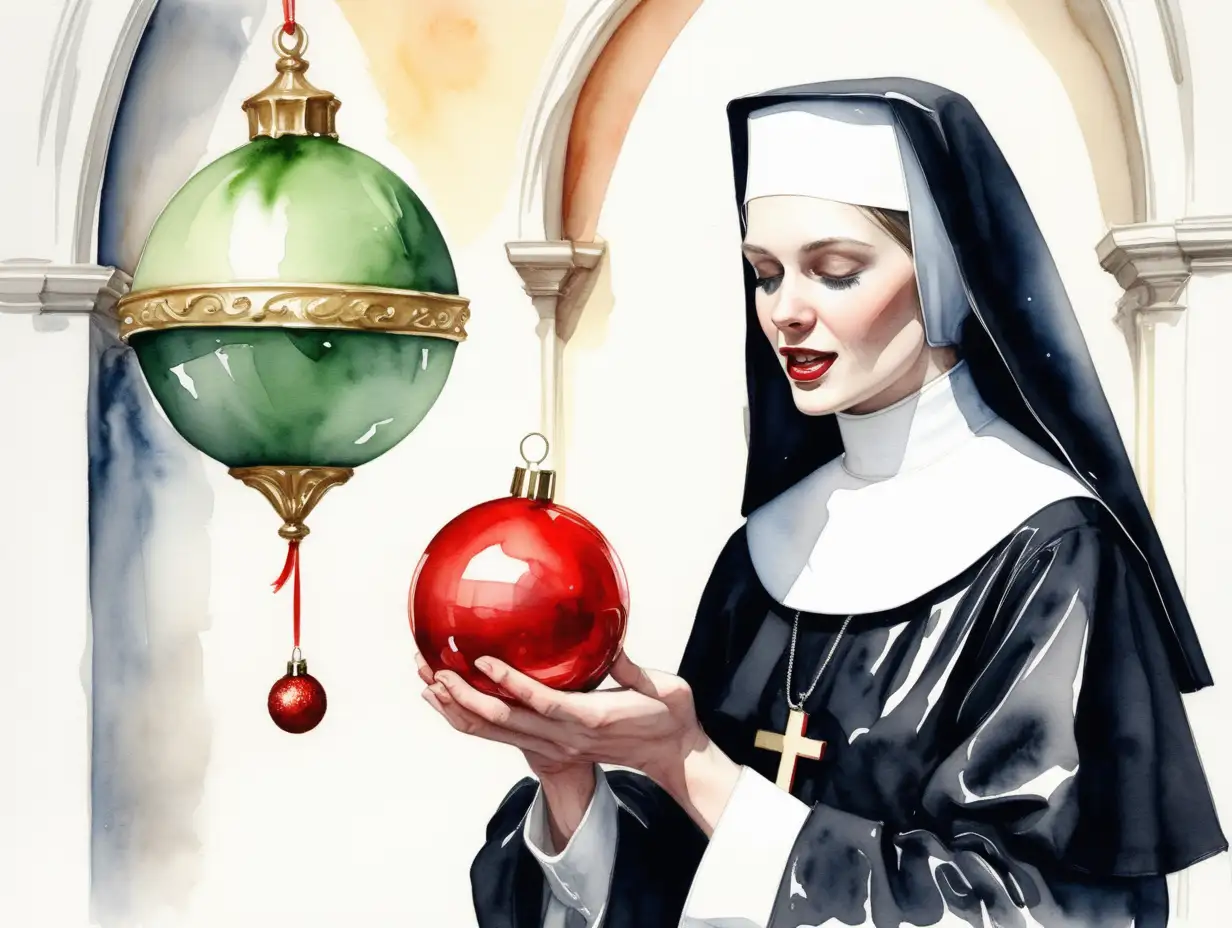 Sacristía, monja joven y sexi muerde bola de navidad, sacerdote santiguandose, estilo Berni Whriston,acuarela