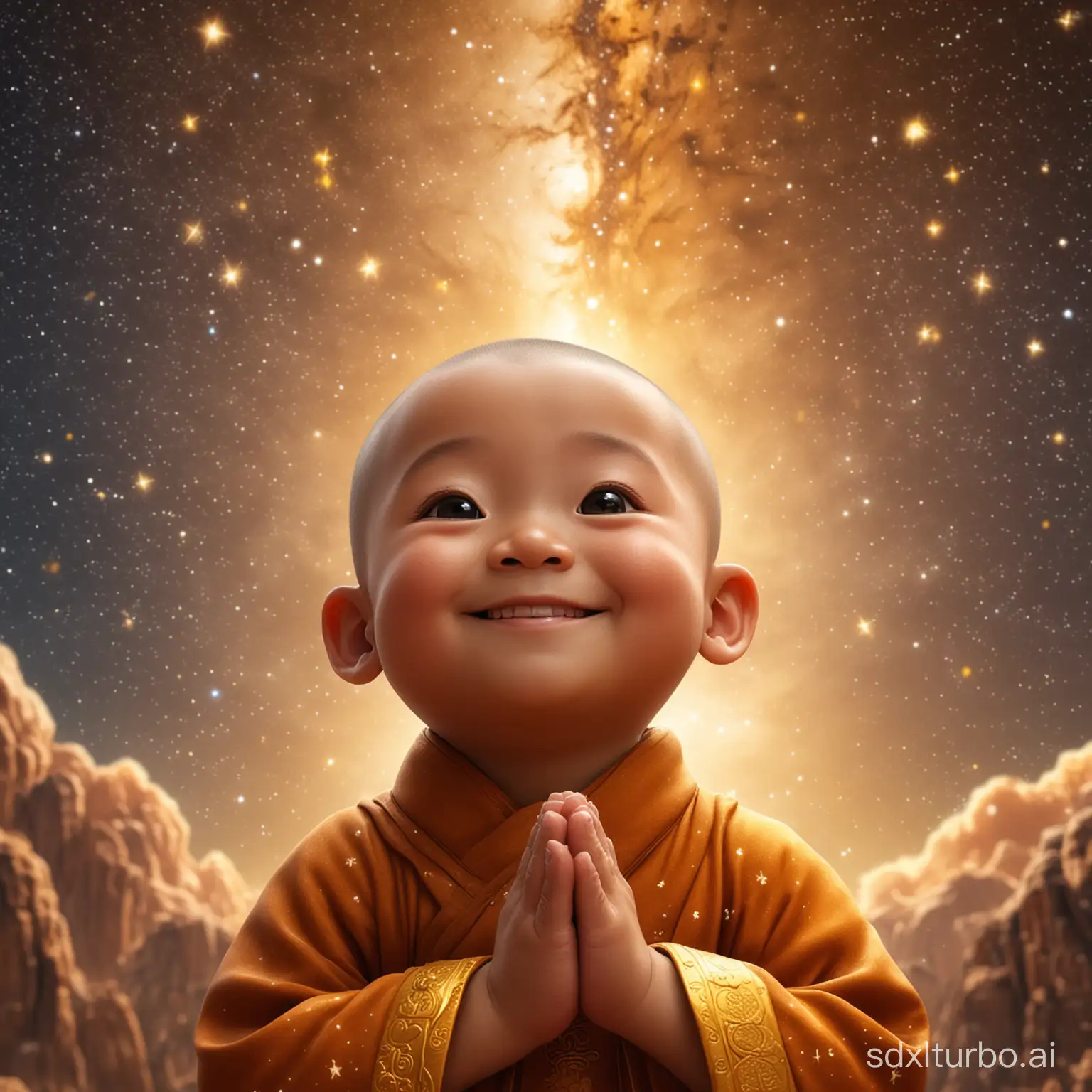 Smiling-Little-Chinese-Monk-Gazing-at-Starry-Sky-with-Folded-Hands