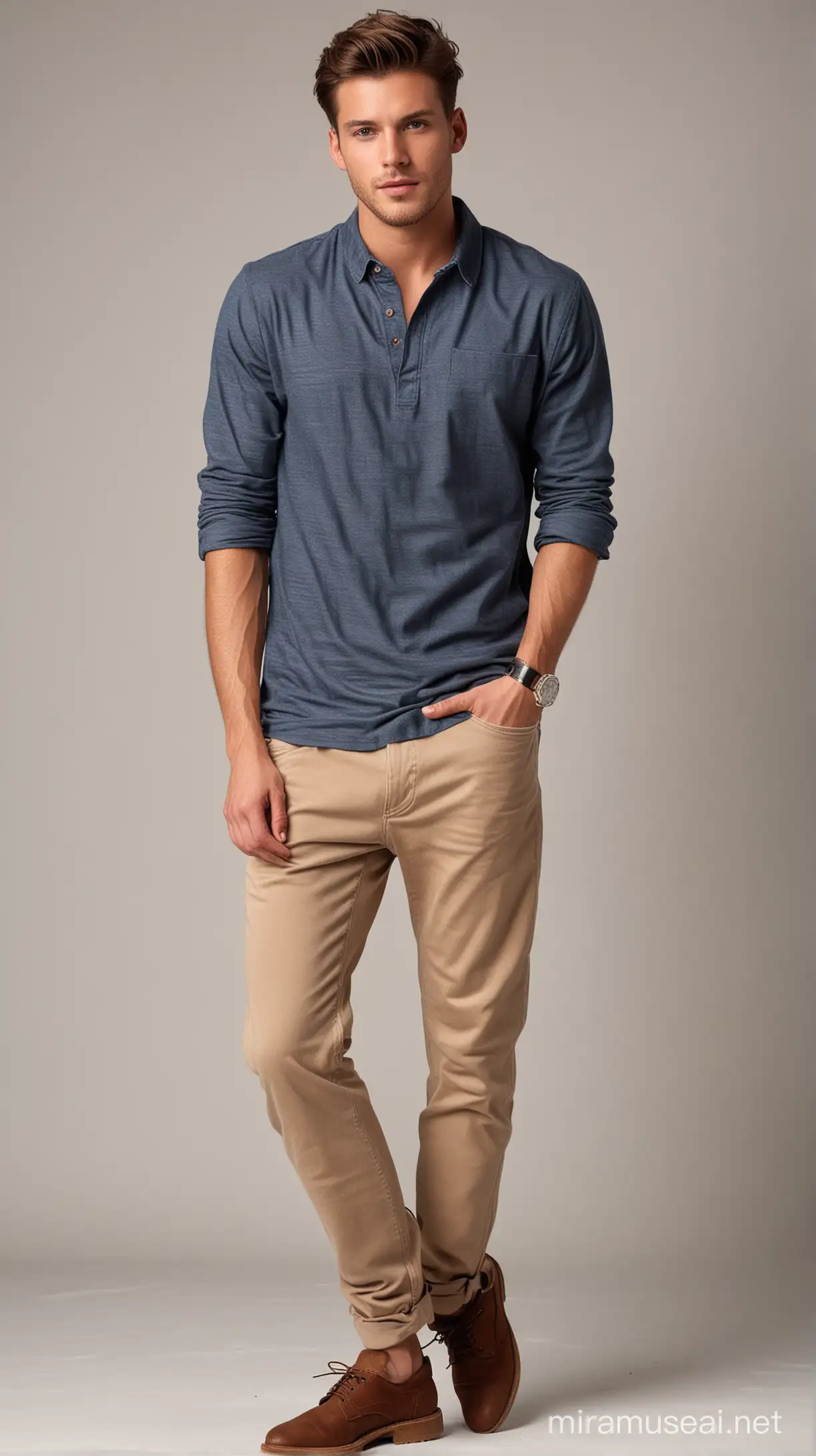 A full body image of a male fashion model wearing casual wear