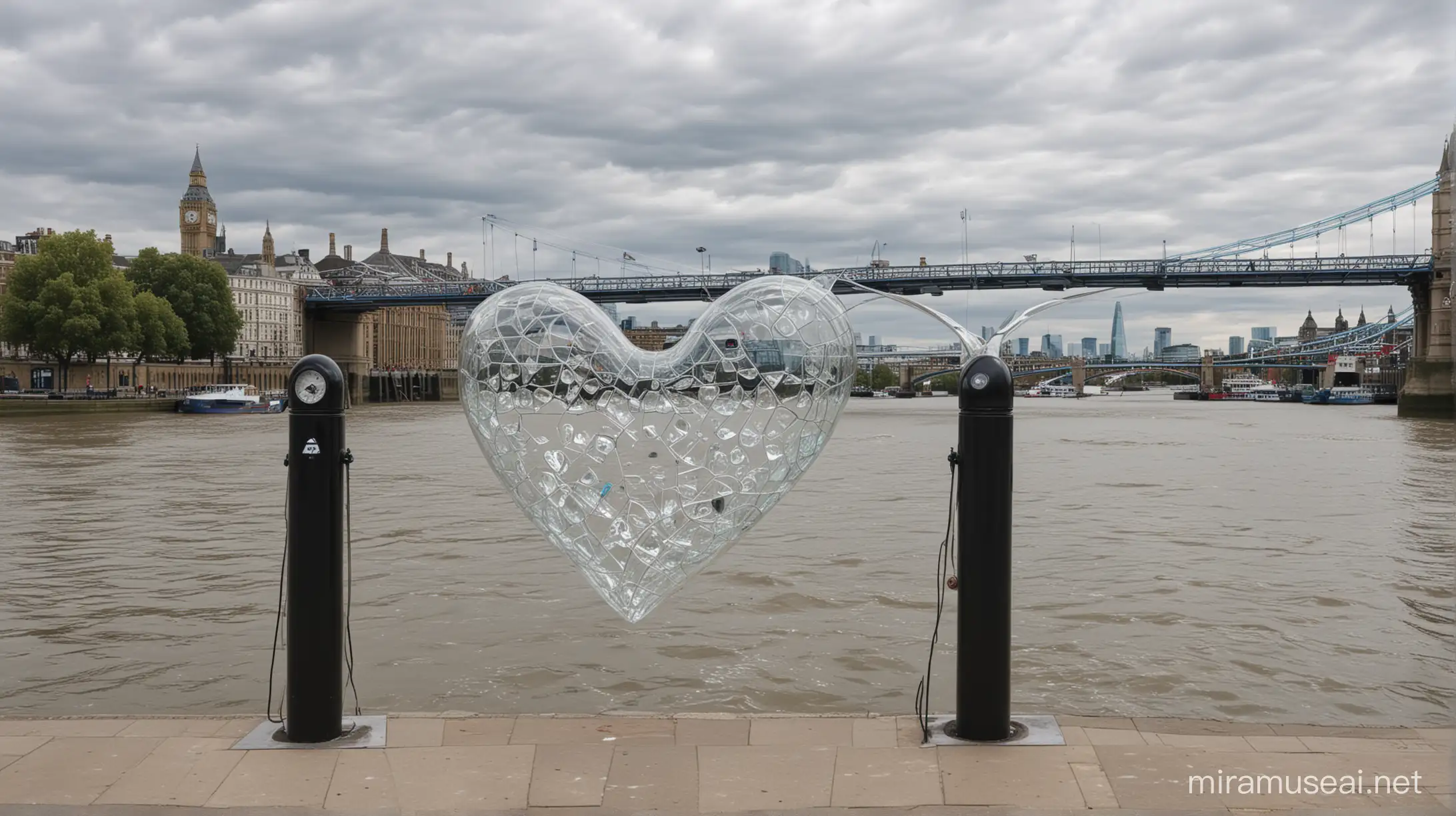 a glass installation, by the river thames, london, on the line walk of london, the shape of the glass installation, is a human heart