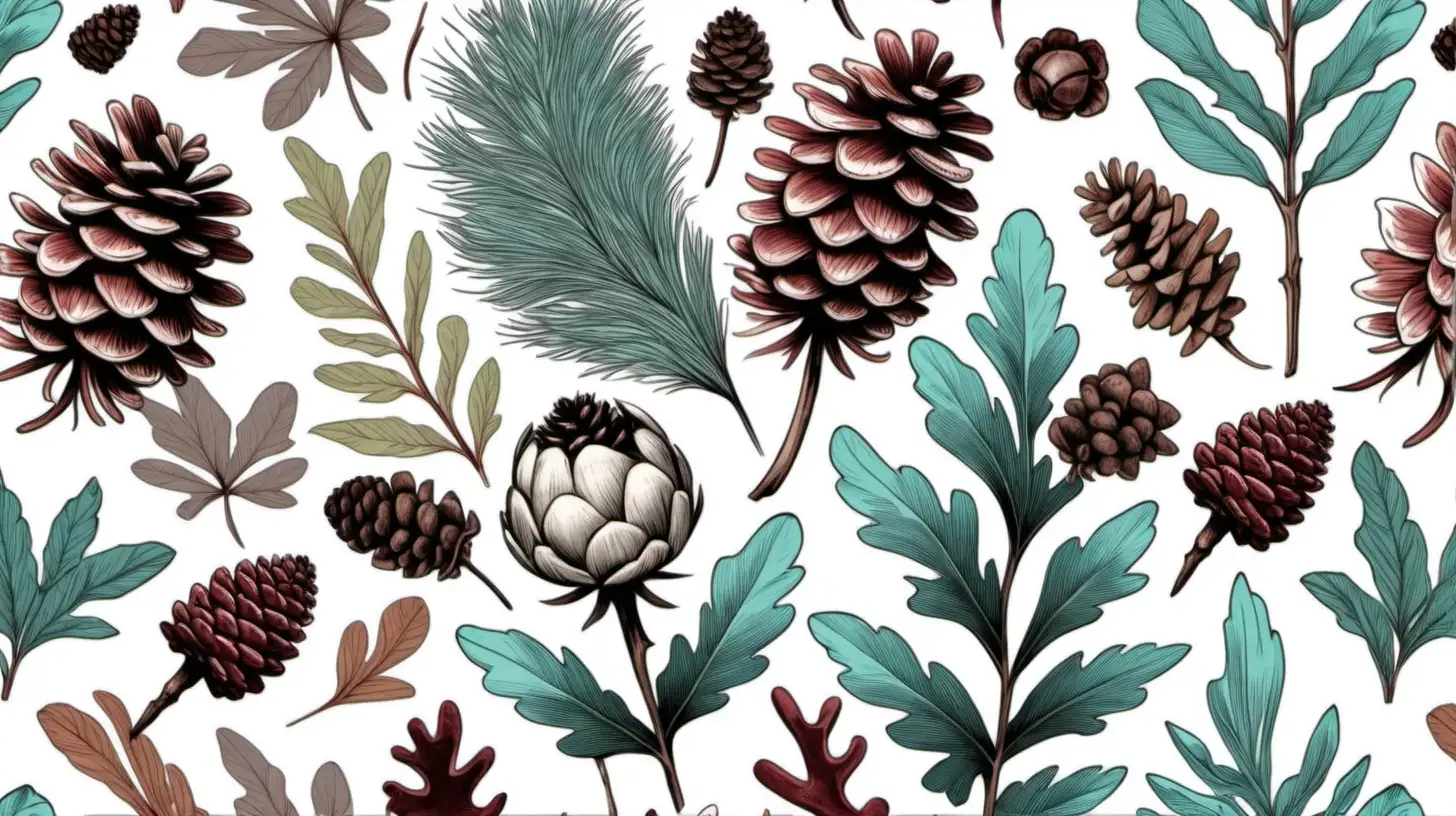 give me a seamless image of botanical flowers with subdued colors, in a boho syle, cottagecore, with a solid white background, pinecones and acorns, some maroon  and teal colors