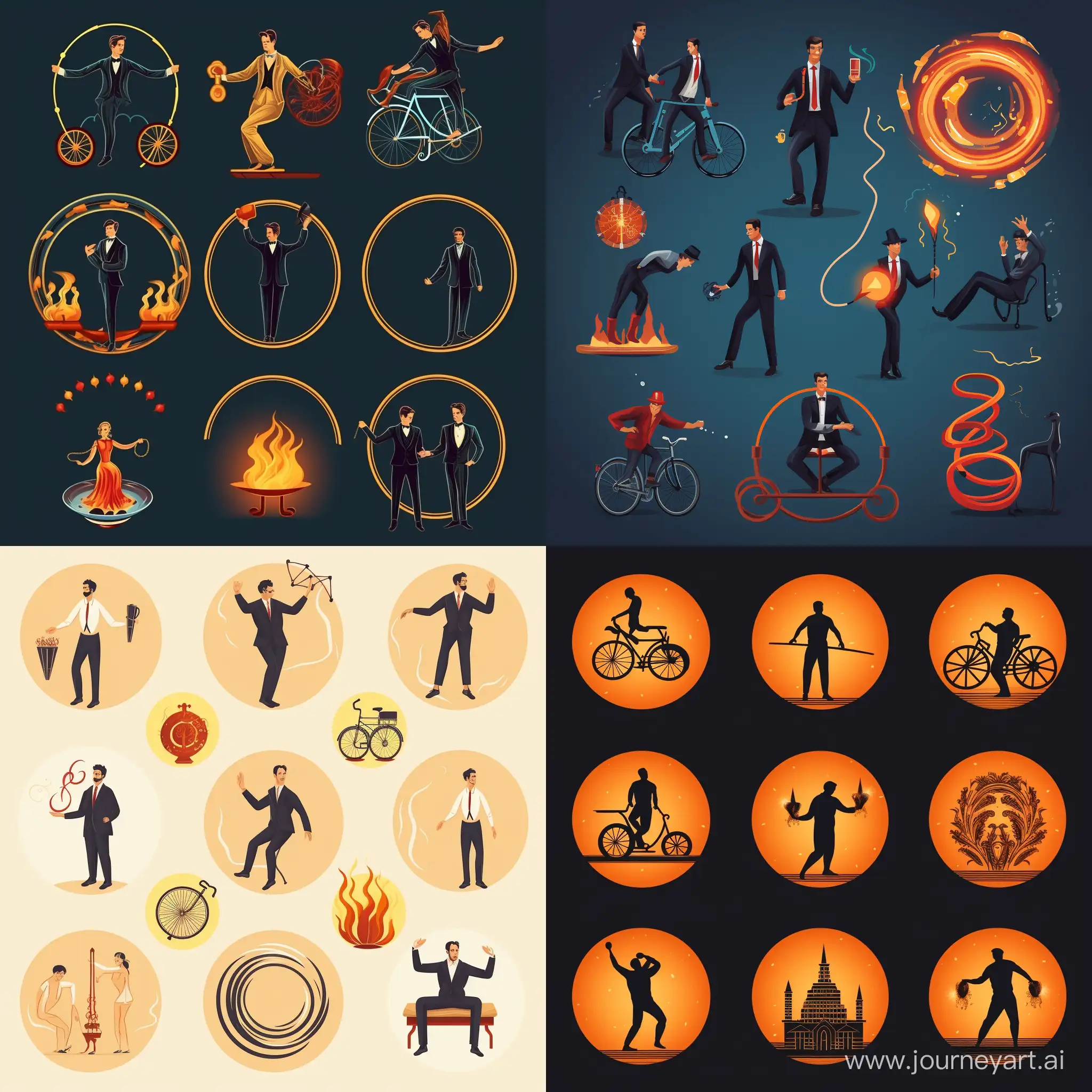 icons: man on unicycle. man with diabolo. man is juggling. man is balancing on cylinder. men and fire fans. man with poi.