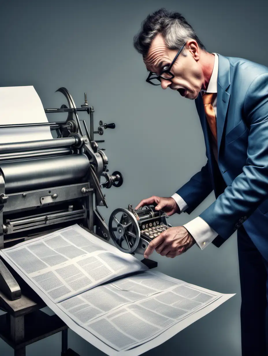 A slightly eccentric business owner, operating an machine that is shooting out pages and pages of sales leads