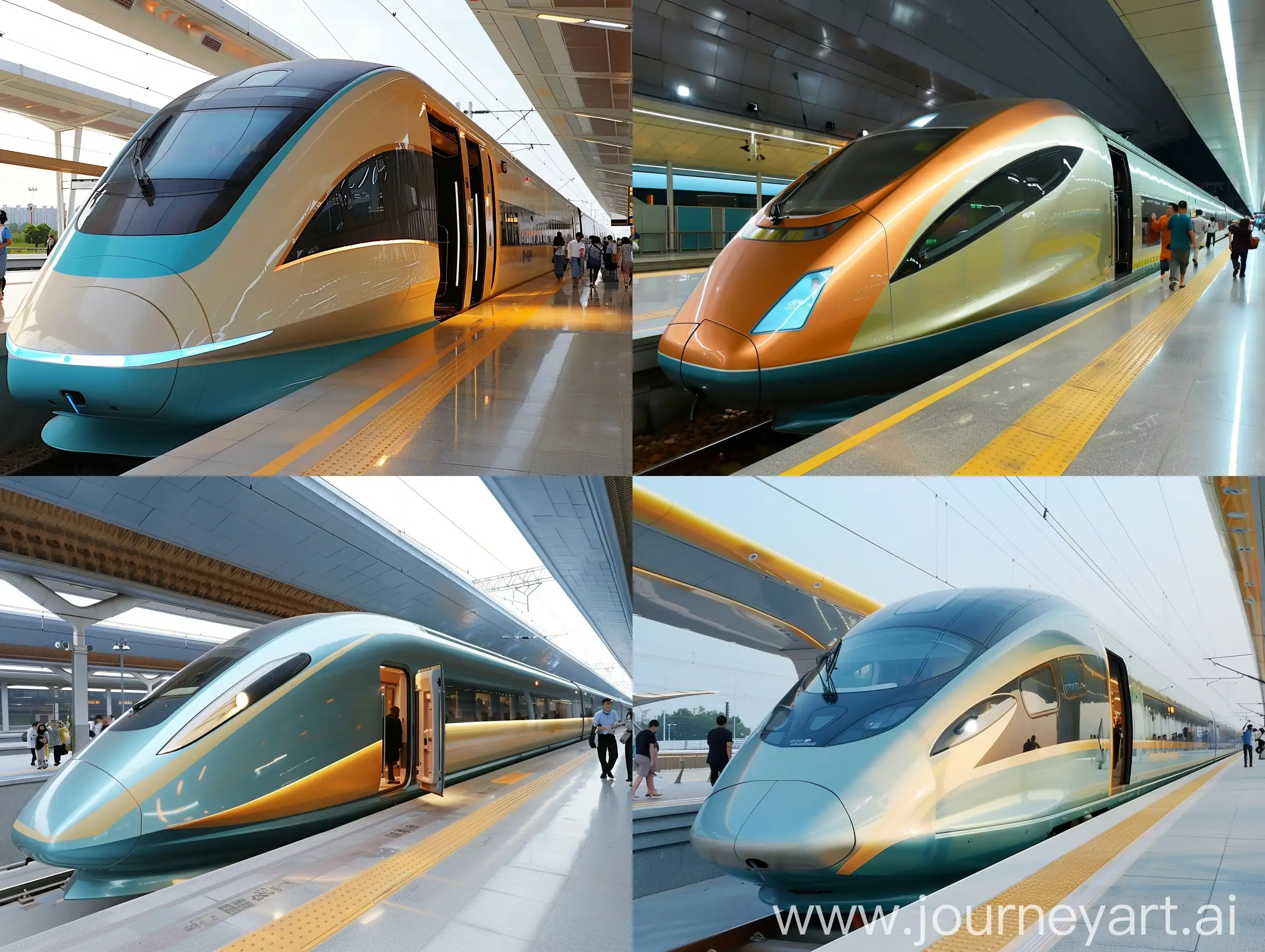 Exterior view of a high-speed train, the train is standing still, the doors are open, people get on or off the train. bright, light color, two clear lines at the bottom of the side: a combination of blue and yellow colors, The side windows are large, The front end has a futuristic design suitable for high speed, The headlights are exquisitely made, people walk along the platform, smiles on people's faces.