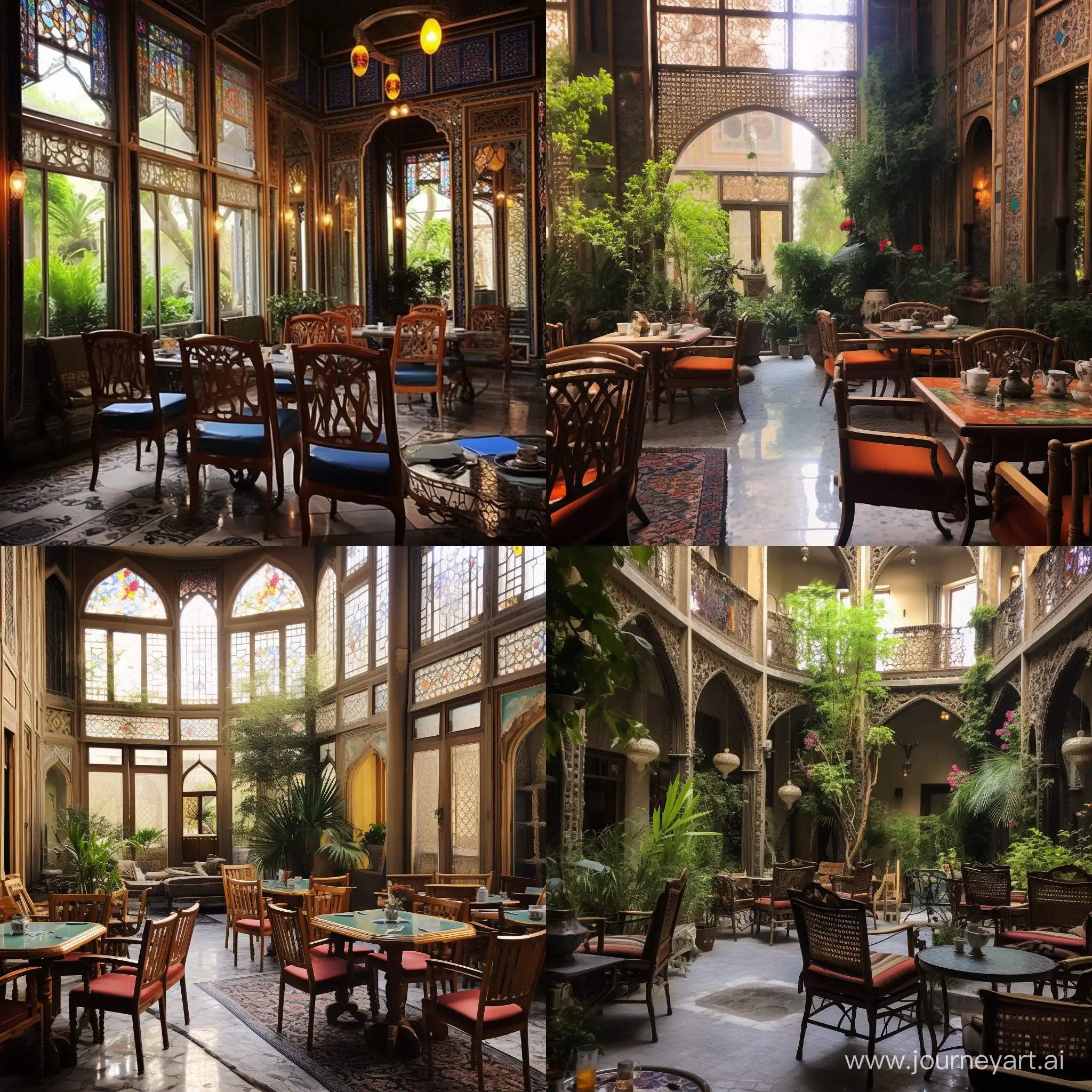 Zaferan Cafe, with Qajar-era architecture, is located in Mashhad. The cafe features a beautiful central courtyard and surrounding seating area. The chairs arranged in the central courtyard, with their old and beautiful decorations, allow customers to enjoy the pleasant outdoor space of the cafe. The walls of the cafe are adorned with old designs and beautiful patterns that give customers a sense of solidity and antiquity.