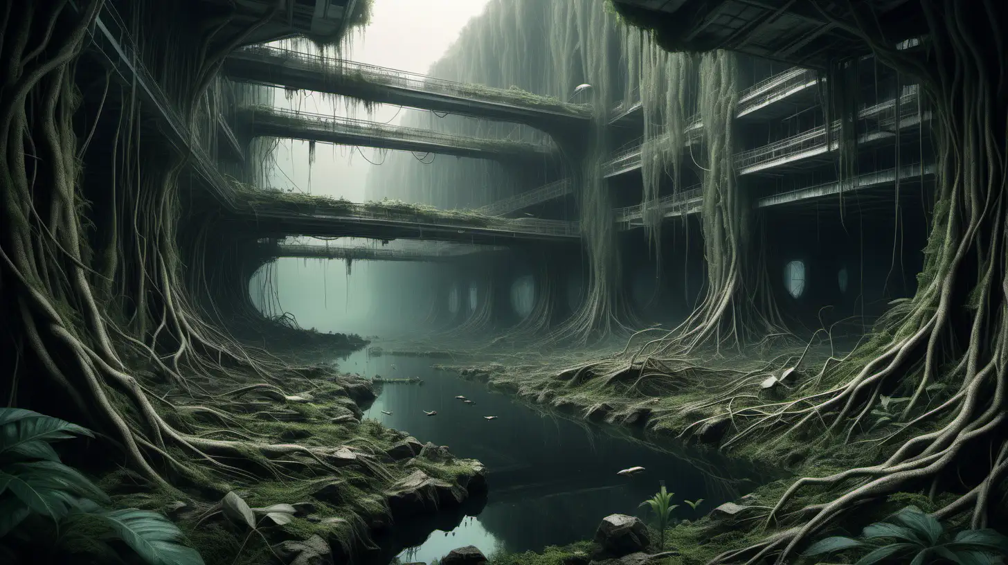 Detailed Mysterious Dystopian Nature Enigmatic Landscape of Futuristic Decay
