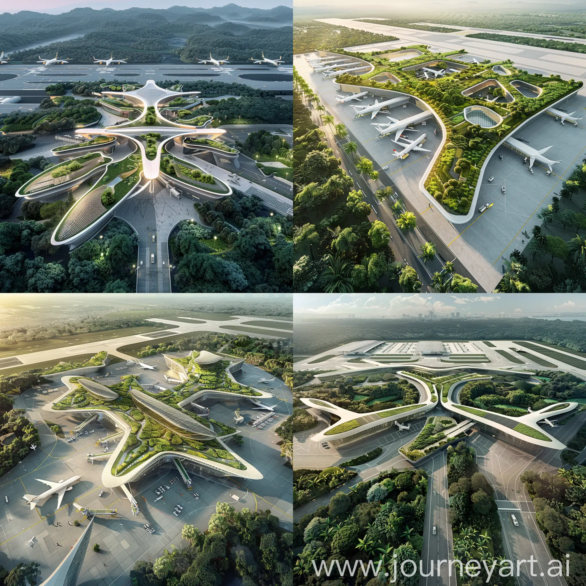The aerial view of the airport reveals a stunning blend of sustainability and modern architecture. The sleek lines and geometric shapes of the building are complemented by lush greenery and natural elements. It's a harmonious fusion of nature and technology.
