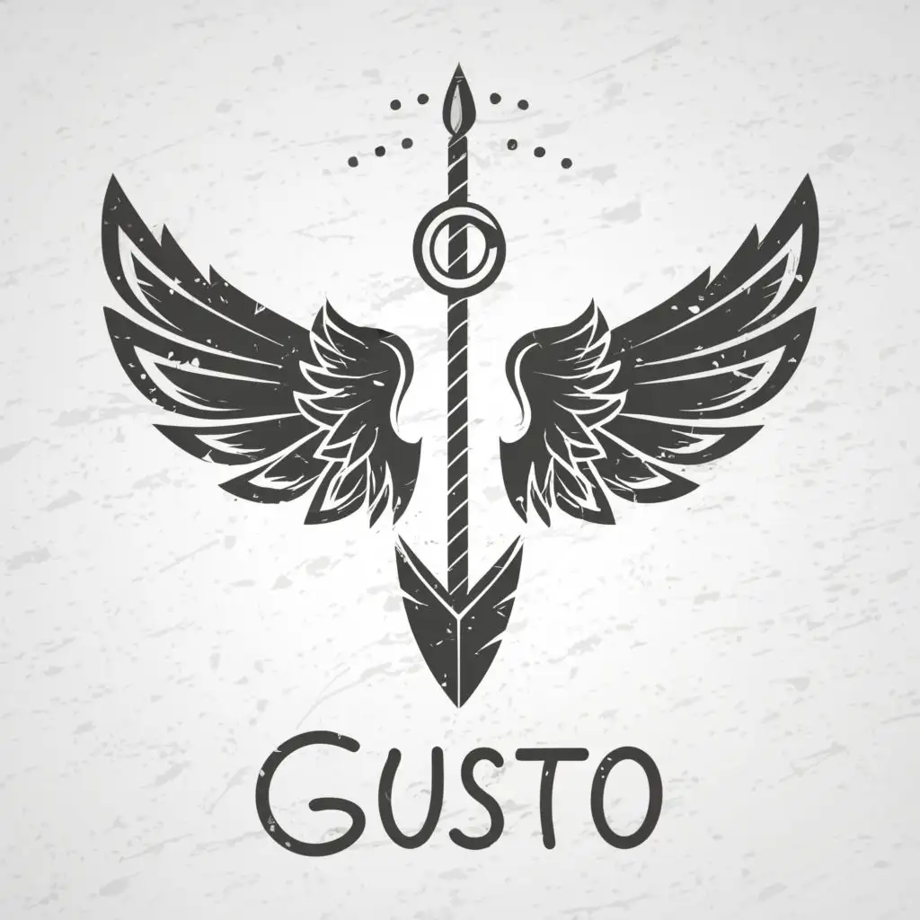 logo, wings, spear arrow, wind, with the text "GUSTO", typography