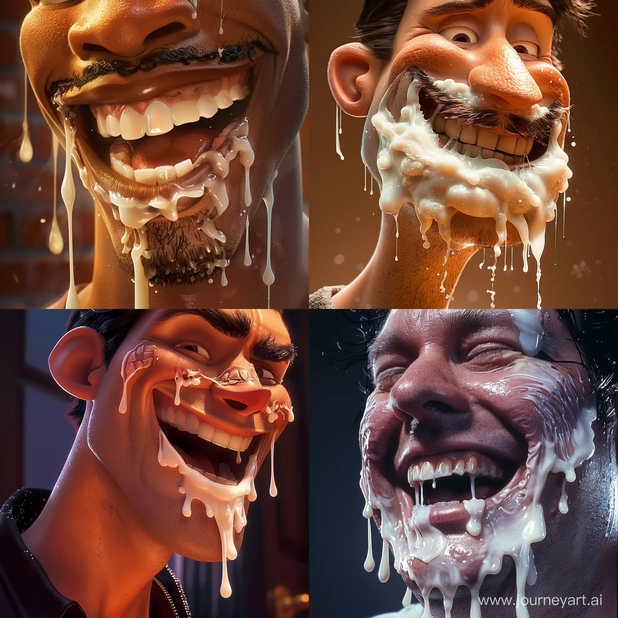 Pixar movie poster of a man smiling, mouth covered in dripping white goo, close-up