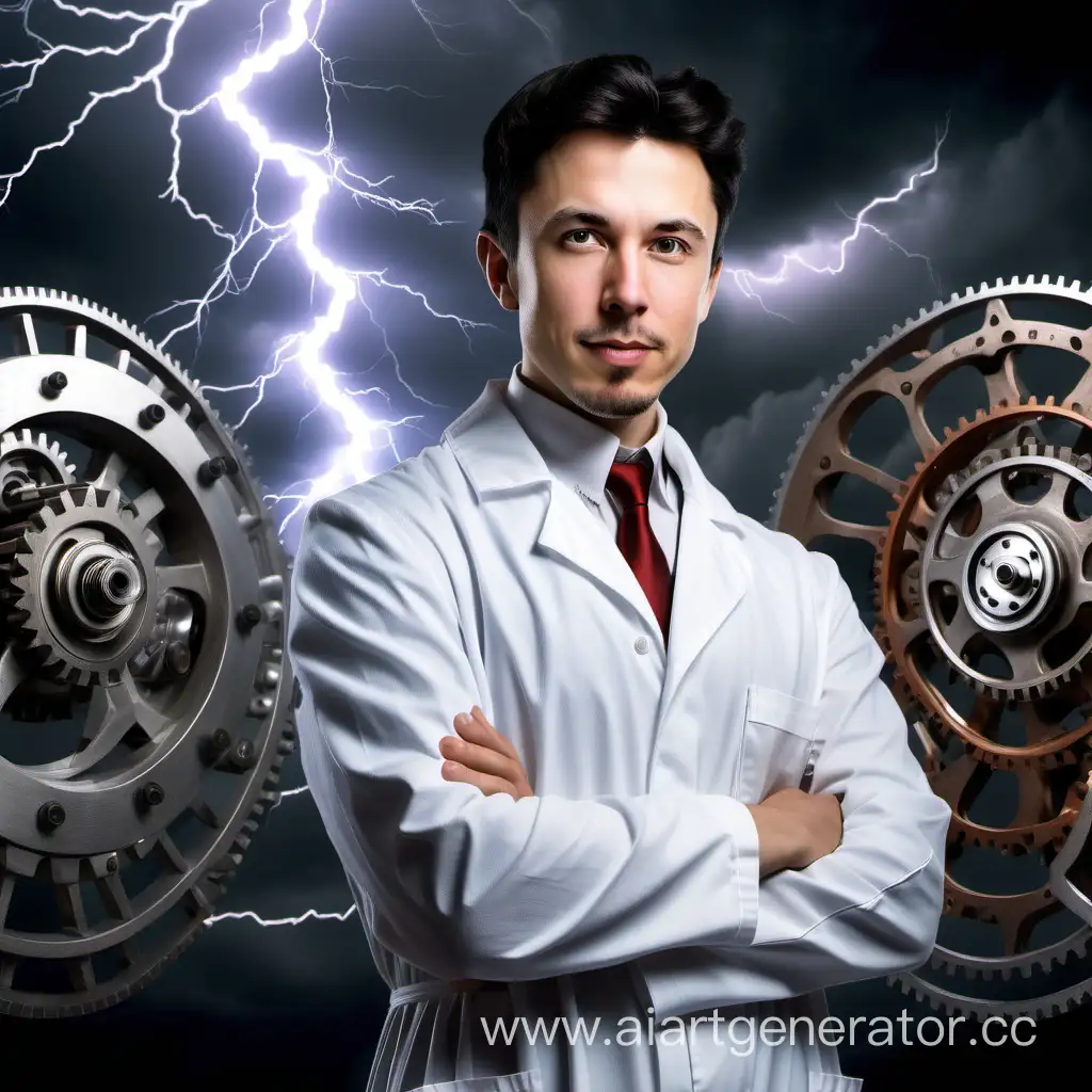 Visionary-Scientist-in-Vintage-Mechanics-Attire-Surrounded-by-Lightning-and-Gears