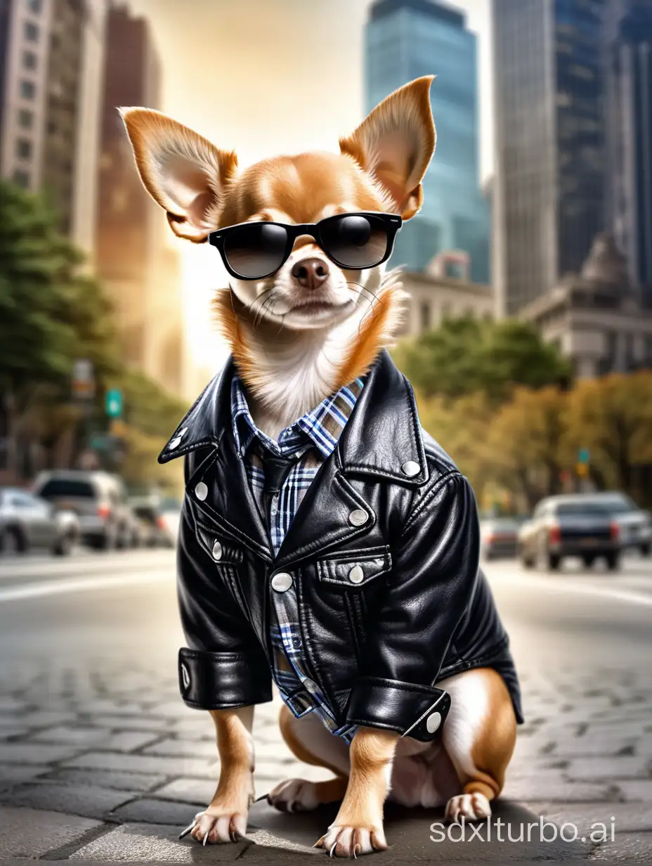 Prompt: best quality, a domestic
baby chihuahua dog, single, cute, attentive expression,
animal portrait, HD, HDR,UHD,UHD, 8K, highly
detailed, realistic,(photorealistic:1.27)), background blurred
background,full body,attire, Plaid shirt, leather jacket, black leather boots,
suit, Pants, City, wearing sunglasses, with a big black motorbike behind him.
