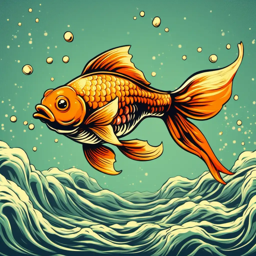 Goldfish bird floating in the air as it’s water, wavy wings, vintage animation style art