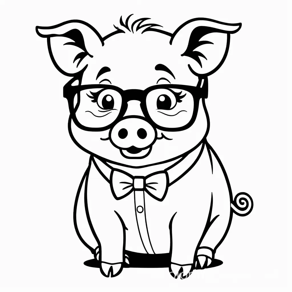 cute pig wearing glasses, Coloring Page, black and white, line art, white background, Simplicity, Ample White Space. The background of the coloring page is plain white to make it easy for young children to color within the lines. The outlines of all the subjects are easy to distinguish, making it simple for kids to color without too much difficulty