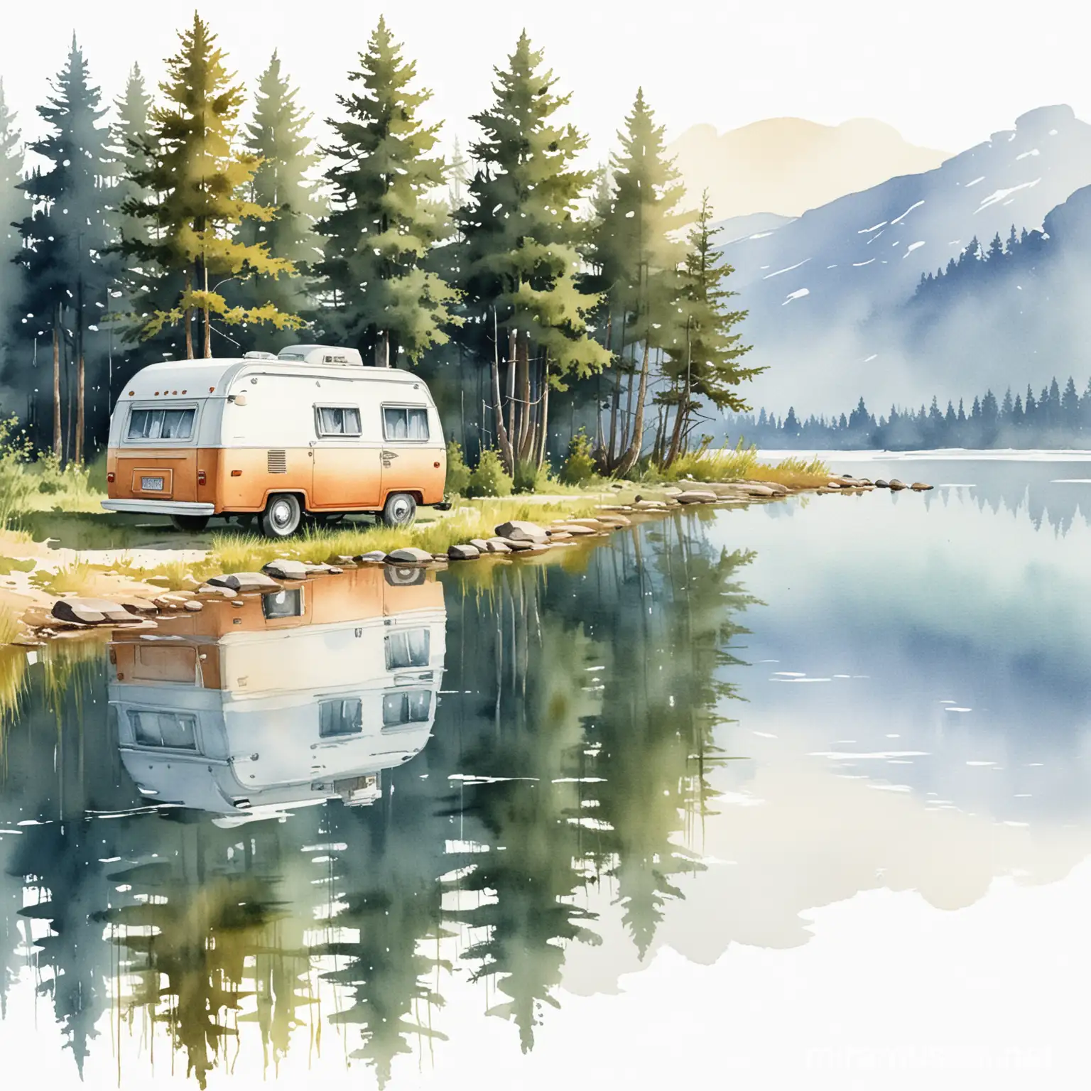 grafika malowana akwarelą, kamper stojący nad jeziorem. styl retro. białe tło