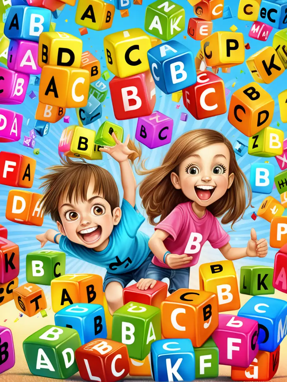 Joyful 10YearOlds Surrounded by Vibrant Letter Cubes in Cartoon Delight