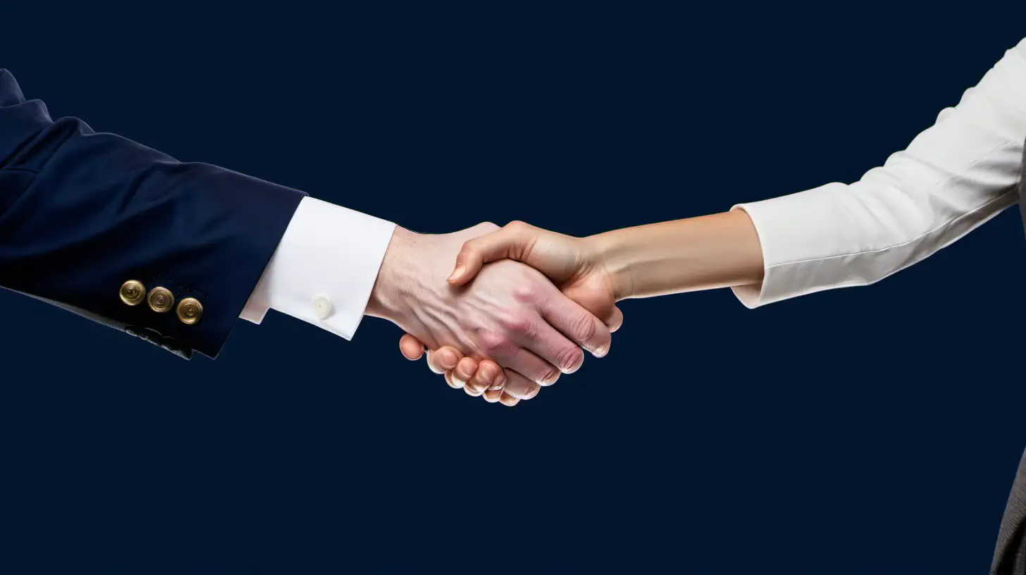 a white man and a brunette woman shaking hands, no faces. Professional, navy blue background 
