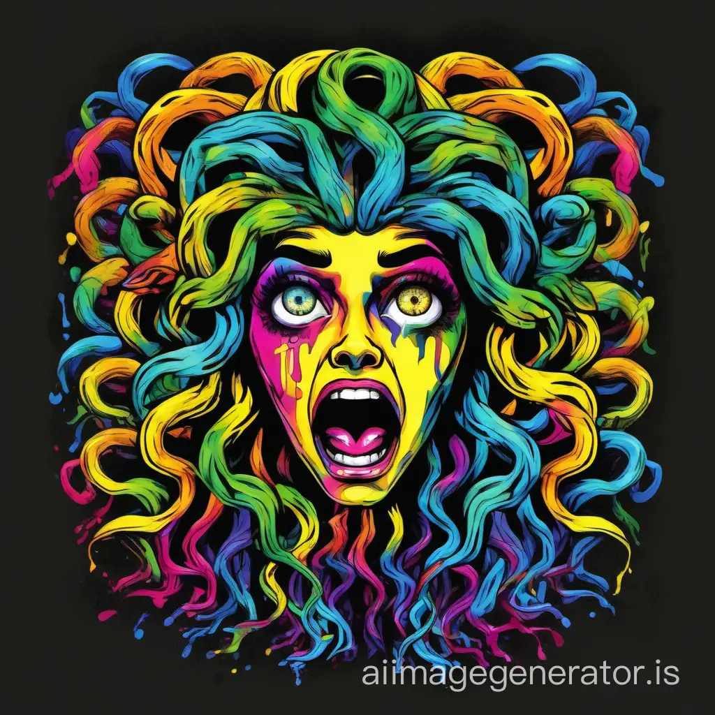 2D cartoonized sad screaming mithologic medusa head, pop art multicolors, tshirt design, watercolor brush, black background
