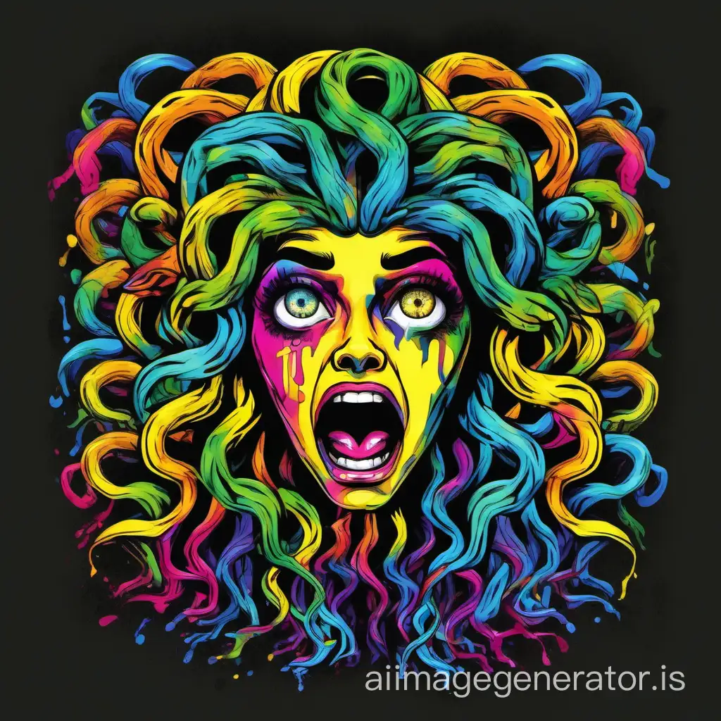 2D cartoonized sad screaming mithologic medusa head, pop art multicolors, tshirt design, watercolor brush, black background 