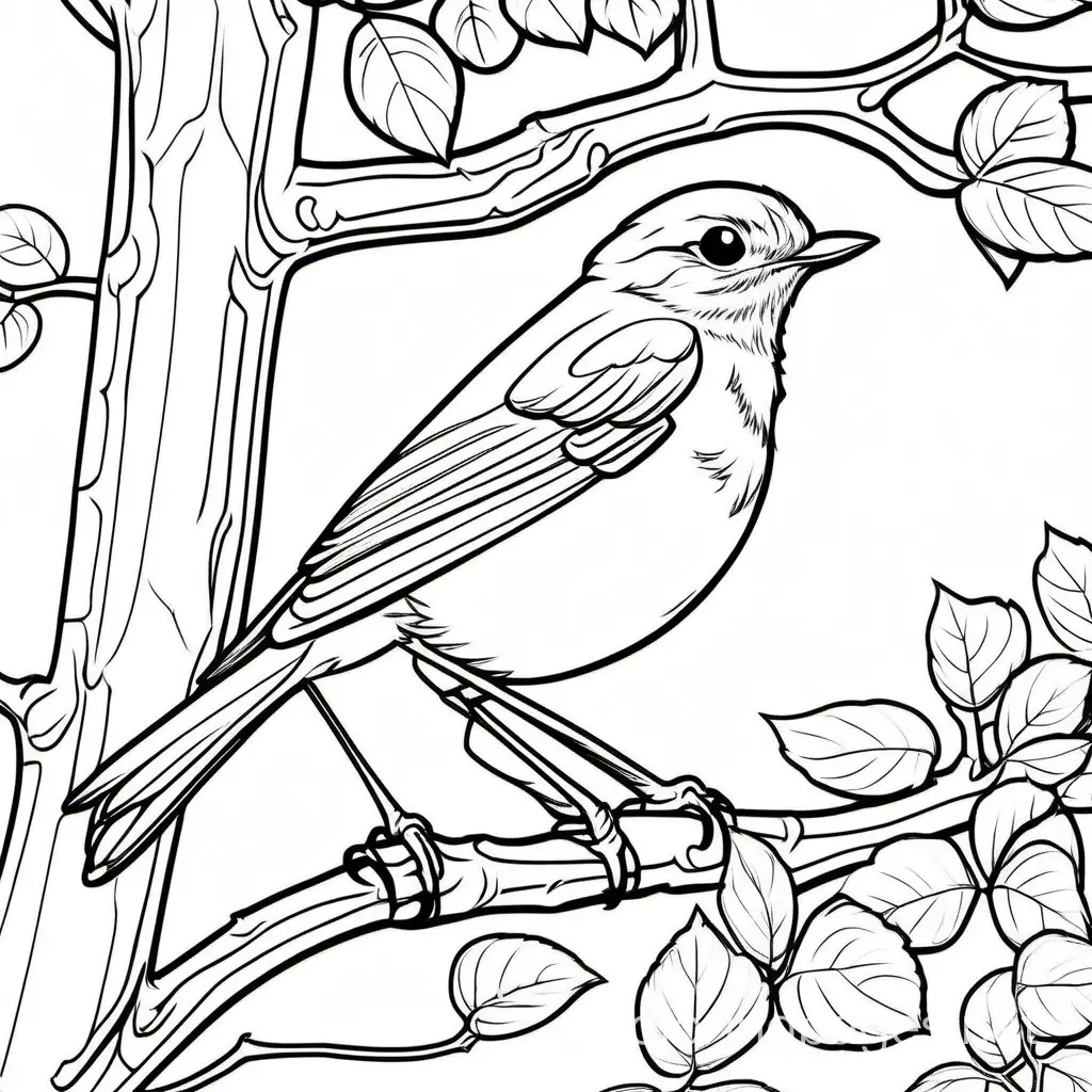 robin
 in tree




, Coloring Page, black and white, line art, white background, Simplicity, Ample White Space. The background of the coloring page is plain white to make it easy for young children to color within the lines. The outlines of all the subjects are easy to distinguish, making it simple for kids to color without too much difficulty