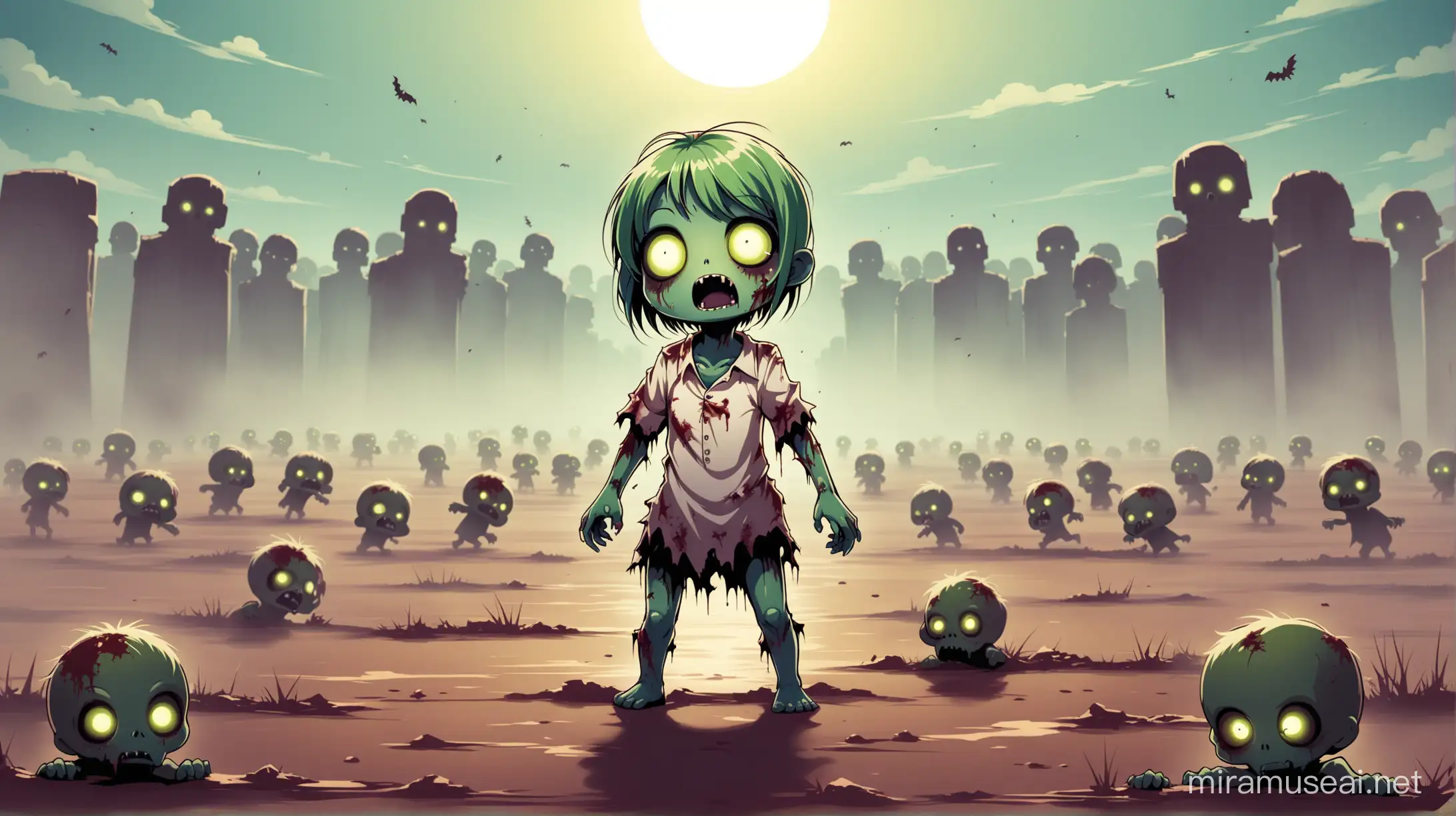 một tiểu zombie đáng yêu đứng giữa chiến trường