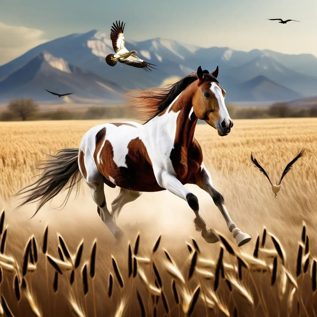 Majestic Paint Horse Galloping Through Wheat Field with Mountain Vista and Soaring Birds