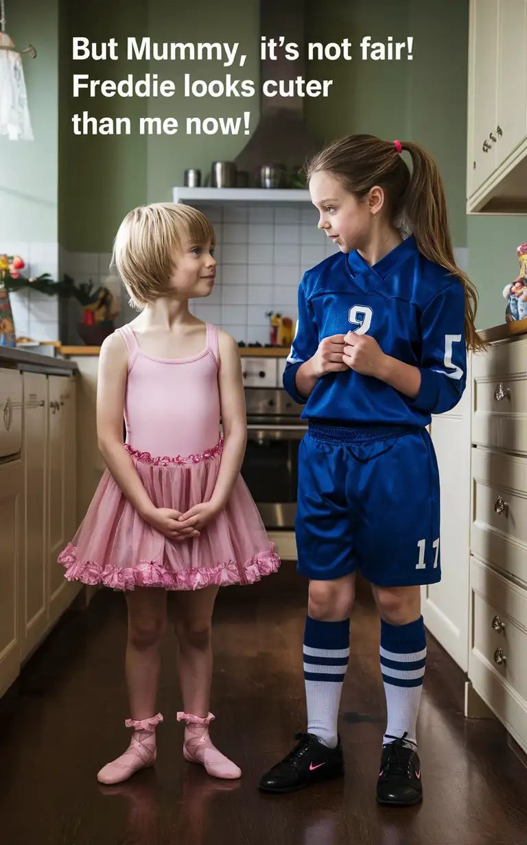 Gender role-reversal, Photograph of a mother dressing her two young sons, a cute thin unimpressed boy age 8 with short blonde hair, up in pink ballerina dresses and frilly pink ankle socks, and she has dressed her young daughter, a girl age 9 with long hair in a ponytail, up in a blue football uniform, in a kitchen for fun on a rainy day, the girl watches as the boy is dressed up, adorable, perfect faces, perfect faces, clear faces, perfect eyes, perfect noses, clear eyes, straight noses, smooth skin, photograph style, captions “But Mummy, it’s not fair! Freddie looks cuter than me now!”, clear captions, accurate captions