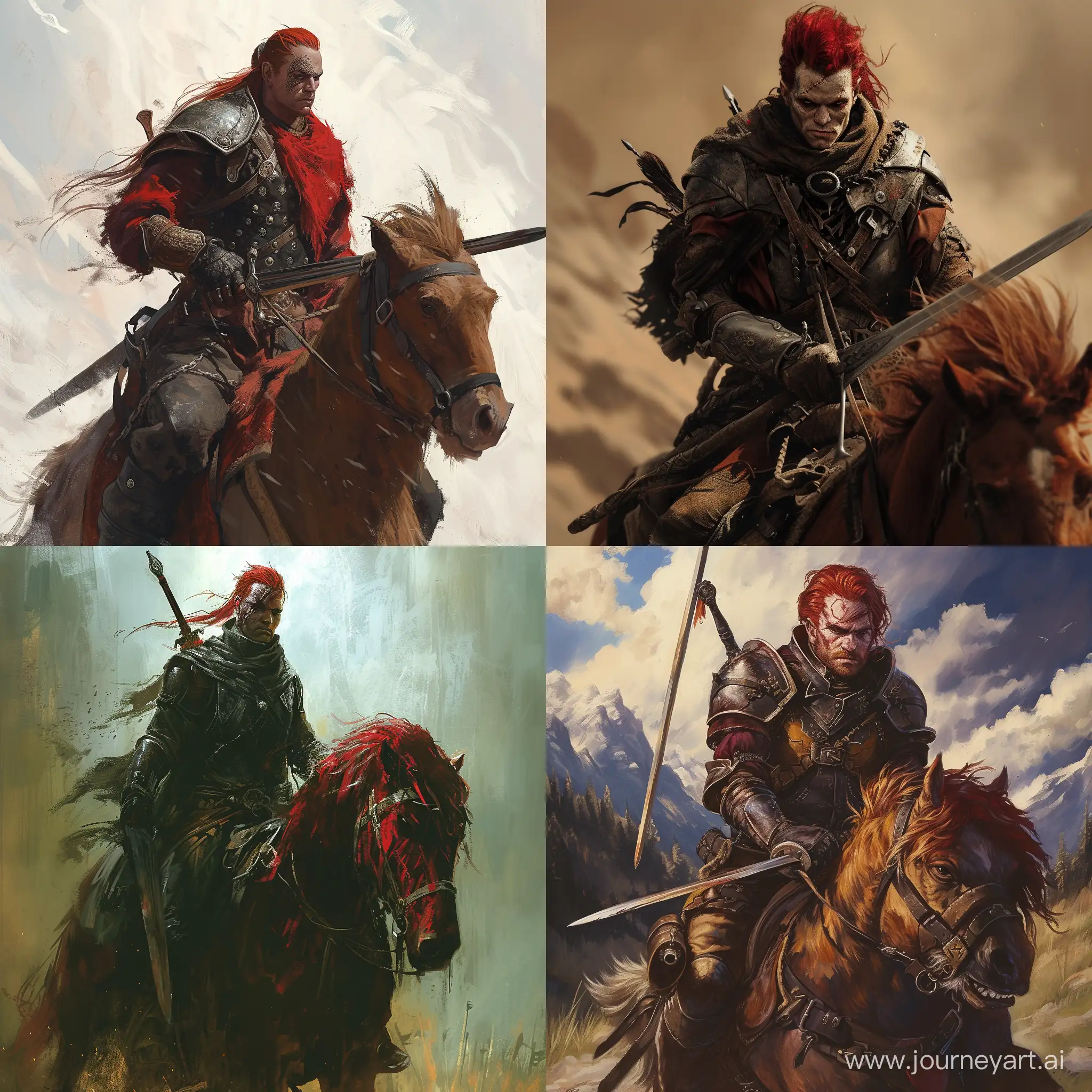 Red headed Swordsman, scar on face, Riding a mount --v 6 --ar 1:1 --no 44894