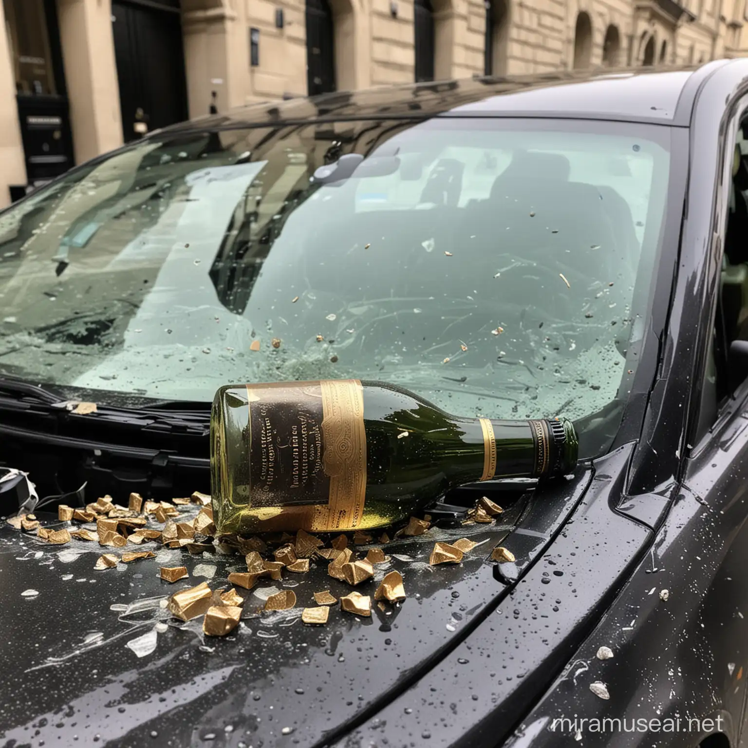 bottle of  don perignon champagne smashed  into expensive car front window