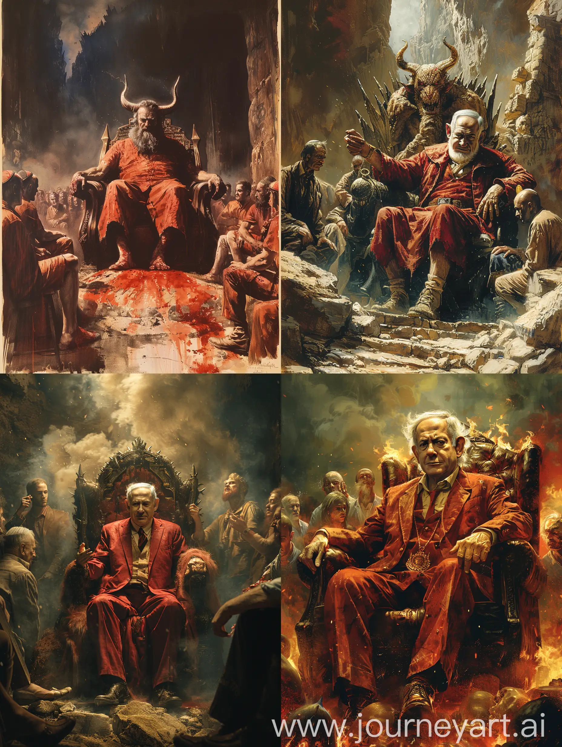 Benjamin Netanyahu as a devil sits on a throne in Hell, worshiped by a group of people--style raw --stylize 750