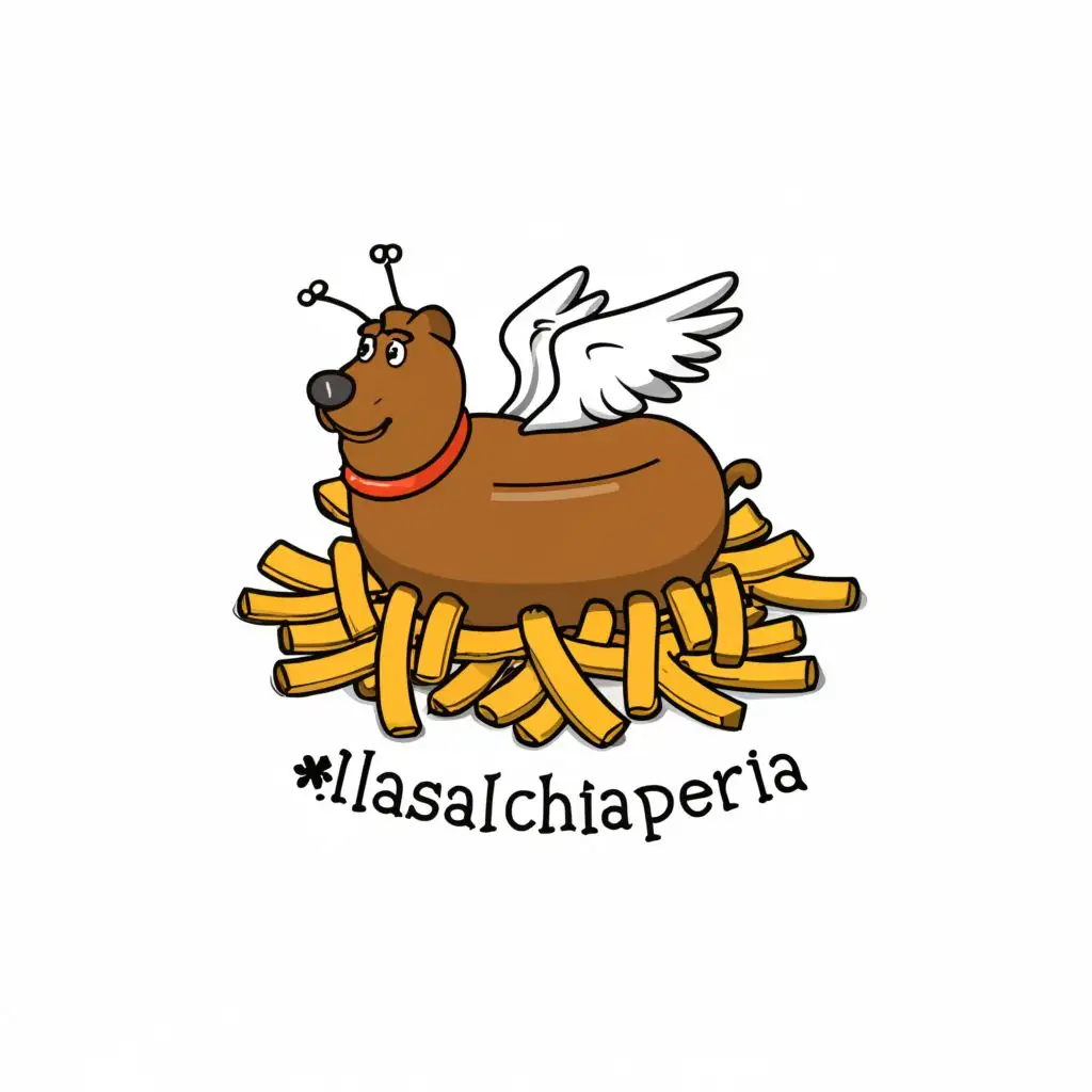 logo, sausage dog with wings on a bed of french fries, with the text "AlaSalchipaperia", typography