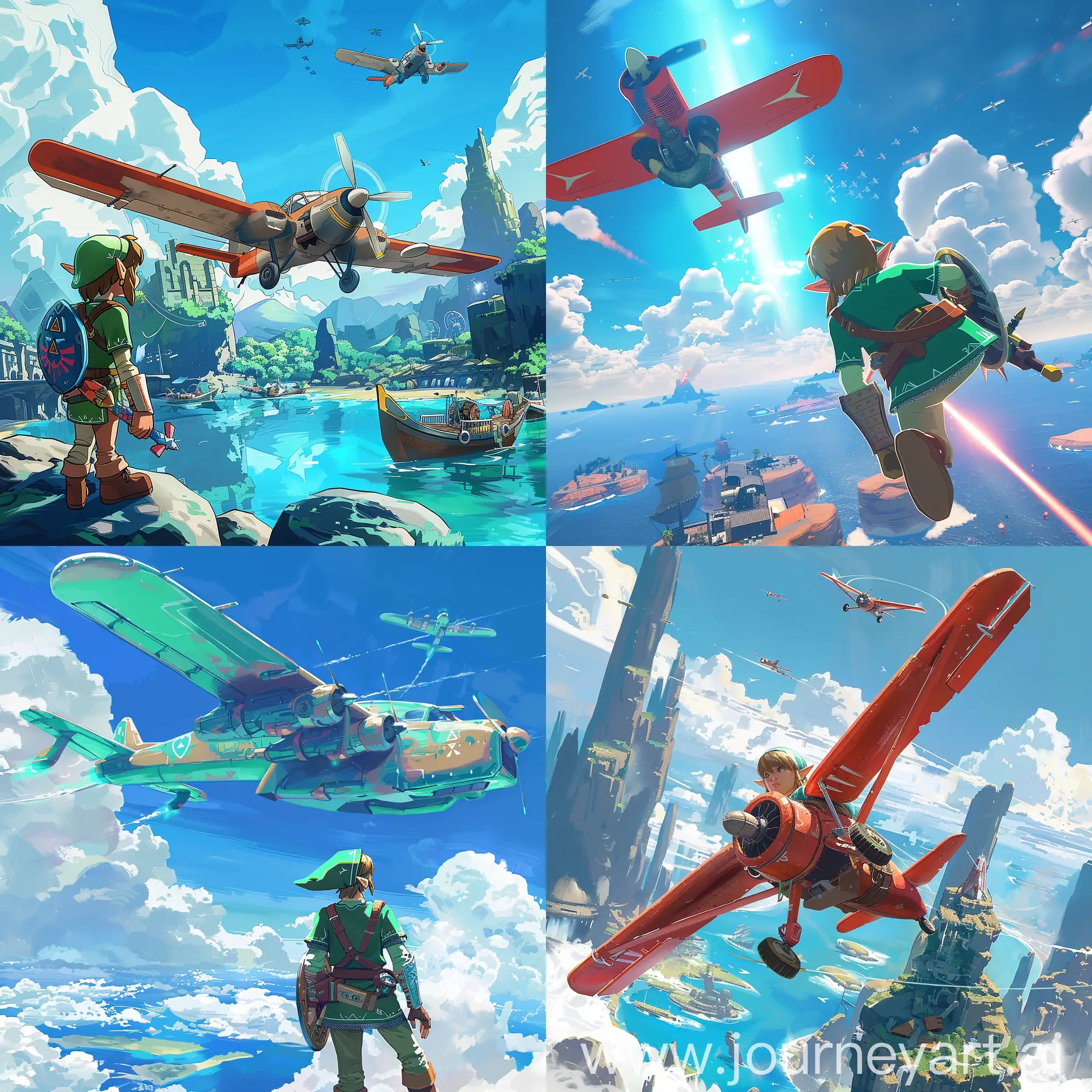 Zelda Windwaker style game in a solarpunk universe with planes instead of boats