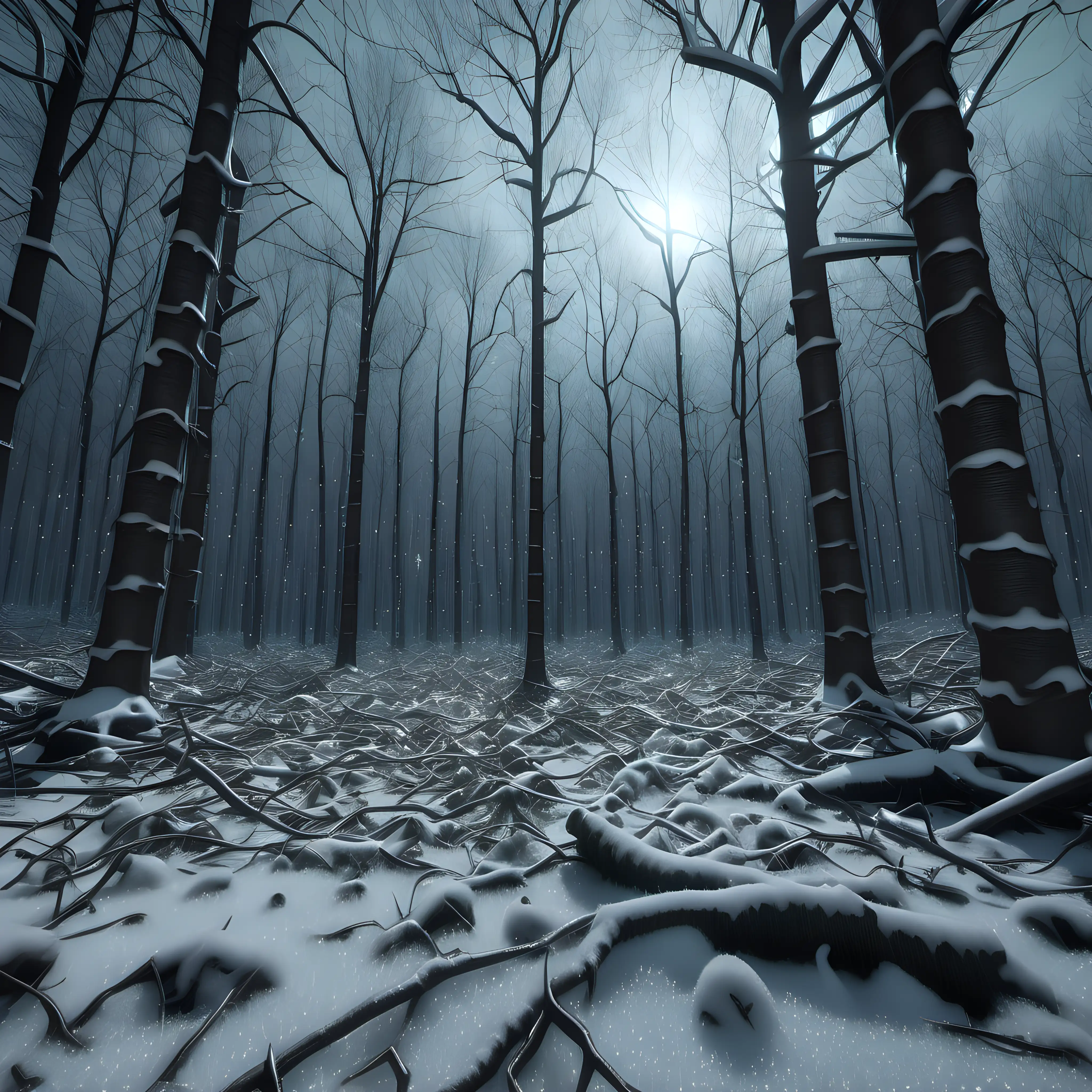 snowy forest floor, trees all over, 1080p resolution, ultra 4K, high definition, volumetric lightning