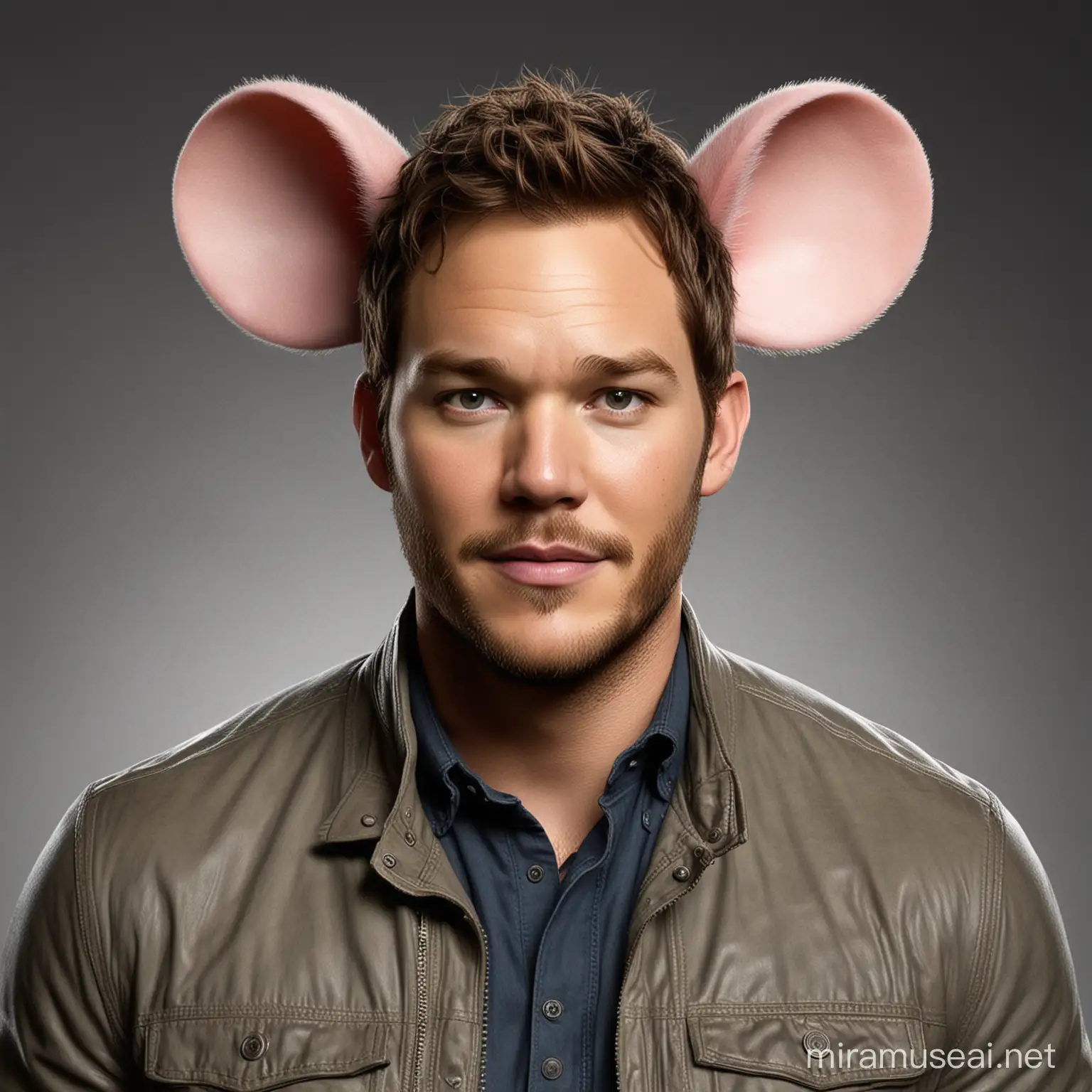 Actor Chris Pratt Transforms into a Mouse with Mouse Ears Whiskers Buck Teeth and Tail