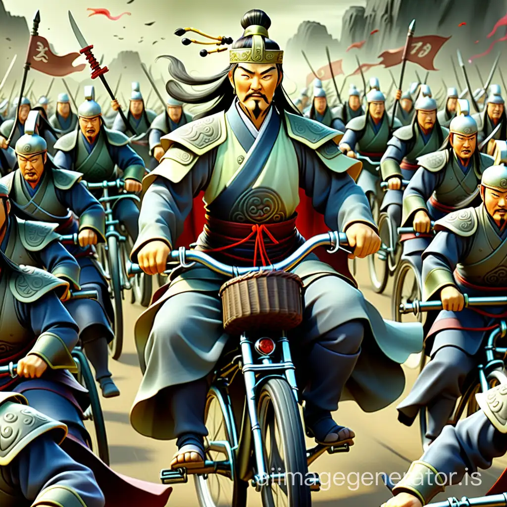Zhuge Liang is riding a bicycle, surrounded by a group of bicycle-wielding warriors. The battlefield ahead has just concluded a battle.