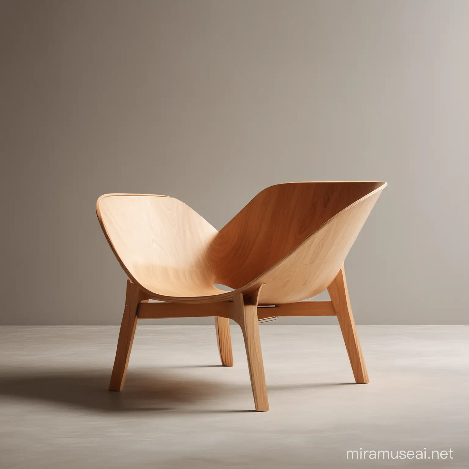 Design of wooden armchair chair, with a modern minimalist style yet bombastic in its appetence , featuring a neutral color palette and clean lines - the back and seat in bended plywood and the main frame and legs in metal 
with ample natural light complemented by recessed LED lighting for a warm and welcoming ambiance