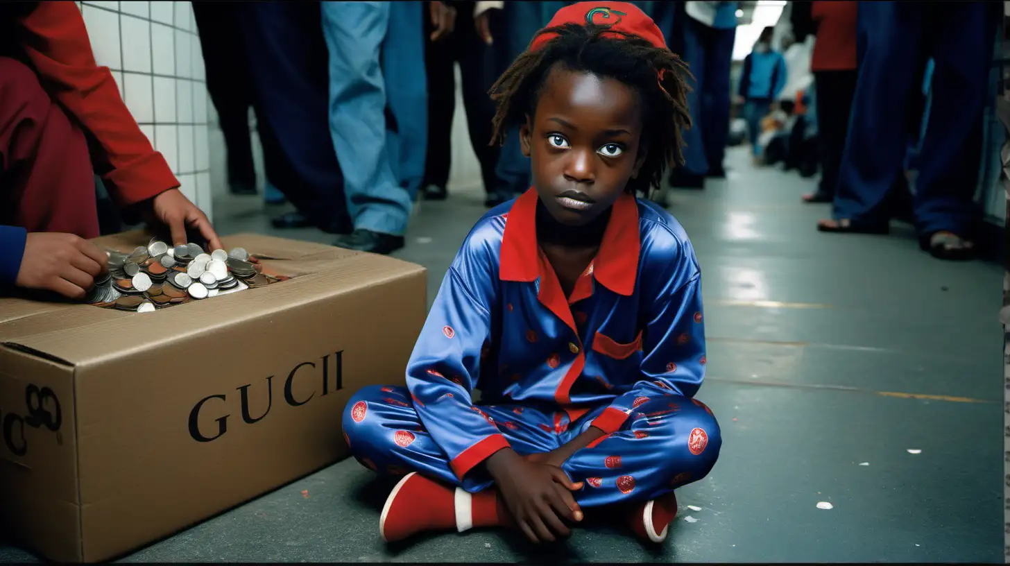 BLUE AND RED 
A CUTE looking kid, with a confident looks. and junkie look. with some eye bags. in a busy african train station, with many other friends sHe is sitting on flat cardboard boxes that lay on the floor. SHe's  begging for change, or looks like shes selling something. and many other homeless kids around, but she stands out.   one of the cardboard box is full of coins. with some coins in a cup.  Dressed in a full real Gucci pyjamas. same top pattern as the bottom part. We must see the logo on the clothes. 

It should have a soft look, with grain from the film.  shot on a vintage camera with canon FD lenses.  Leave extra floor space at the bottom.  Leave some room on the right side for me to add a slogan.