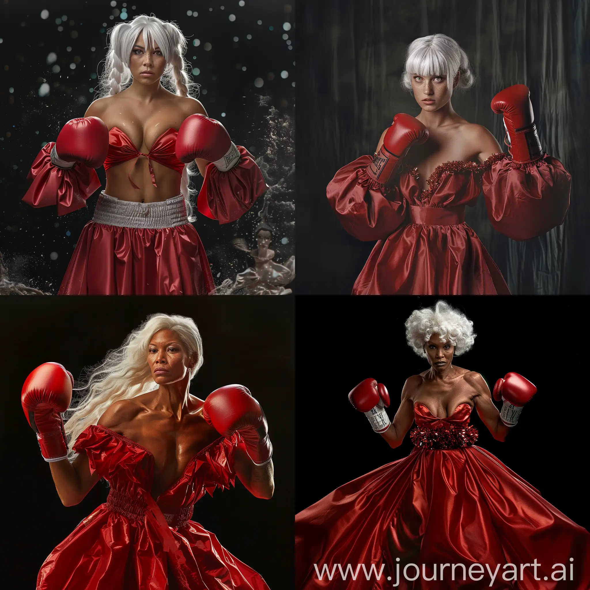 A female boxer with white hair, dressed in a red cheerleader gown