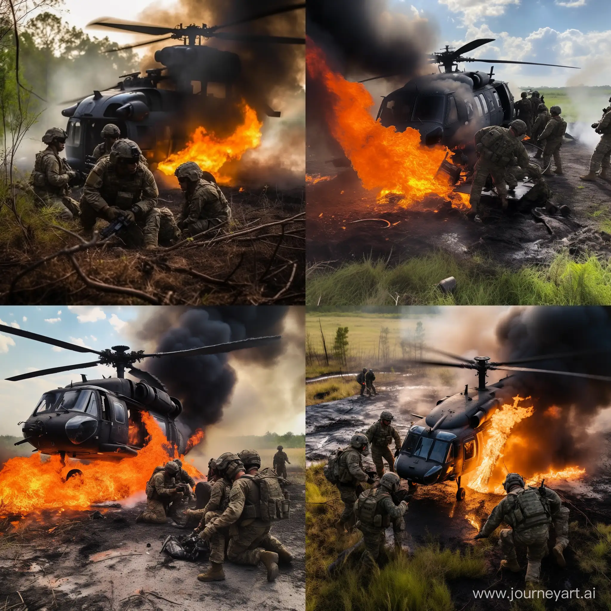 4-е солдата армии США спасают пилота США из разбитого горящего на земле UH-60