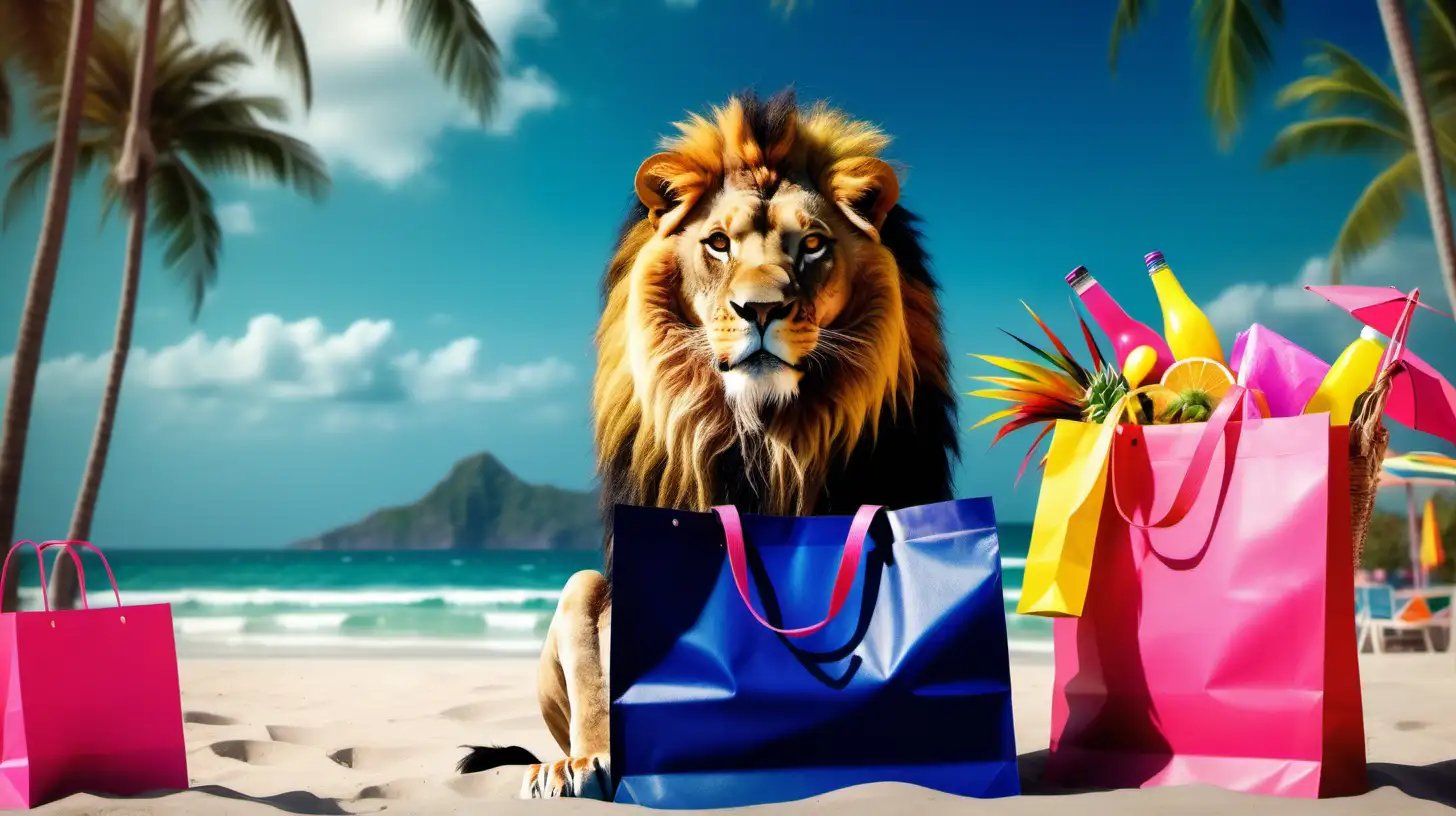 Majestic Lion Amidst Tropical Bliss with Vibrant Colors