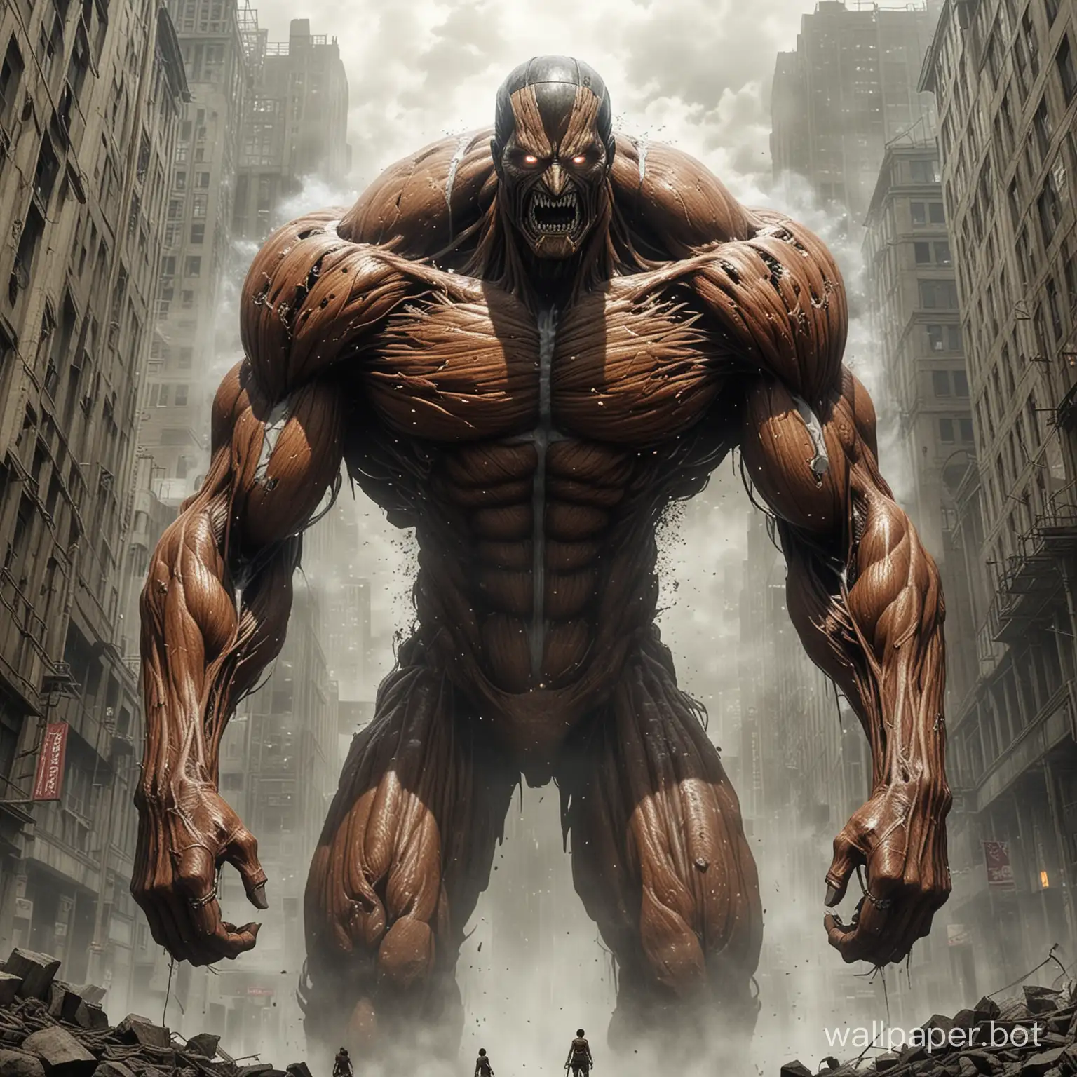 Envision a colossal figure from "Attack on Titan," standing at an immense height of several stories, with thick, rock-hard skin that is nearly impervious to conventional weapons. This super-sized giant's body is corded with powerful muscles that ripple beneath its grayish exterior, and it moves with surprising agility despite its massive size. Its face is etched with a ferocious expression, and its eyes burn with an intense, otherworldly glower. As it emerges from the shrouding mists, its sheer scale and intimidating presence strike fear into the hearts of those who behold it, just as they would encounter the most formidable being from the world of "Attack on Titan."
