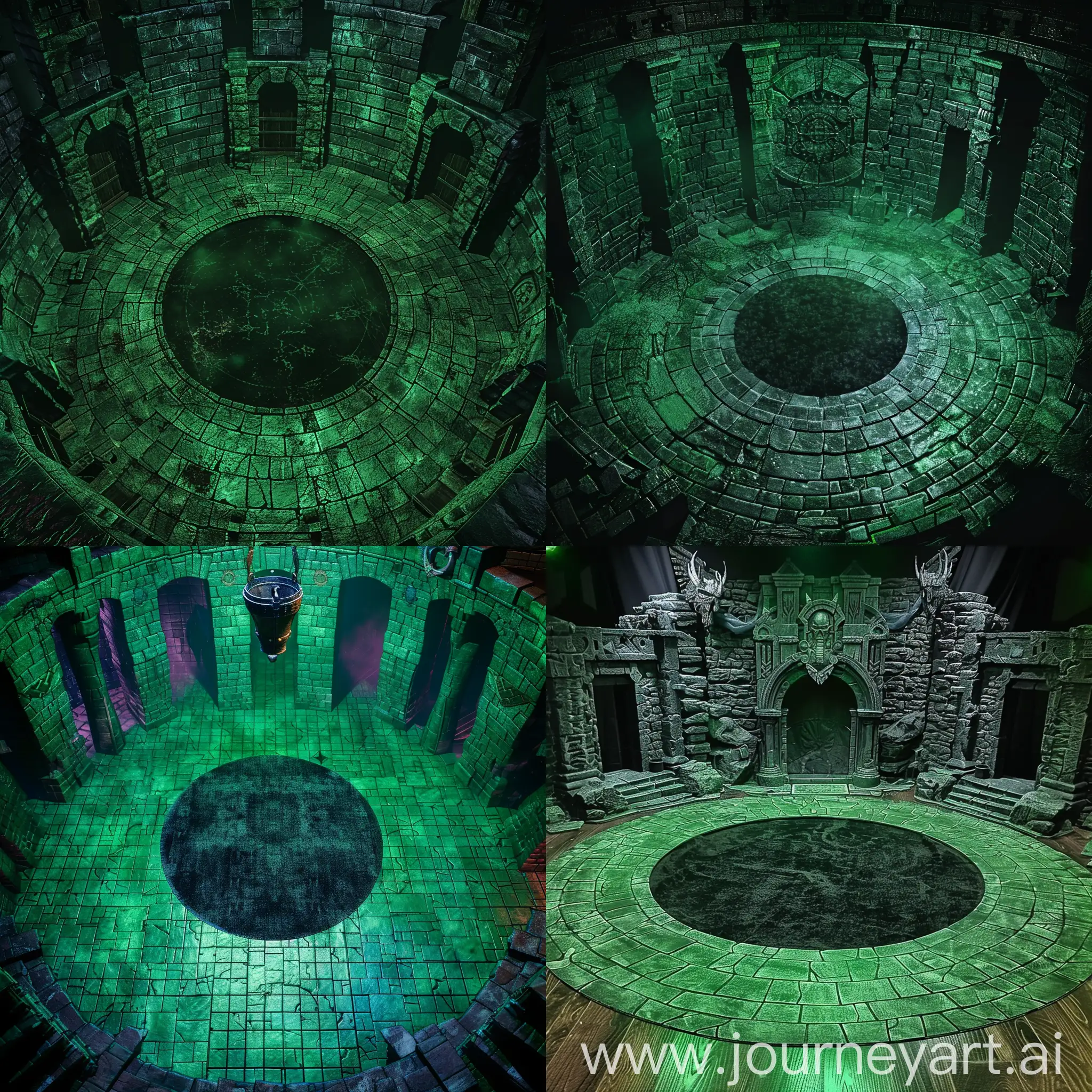 dnd dark fantasy theme,dark green dungeon court .There is a big black round carpet  on the midde of the court.