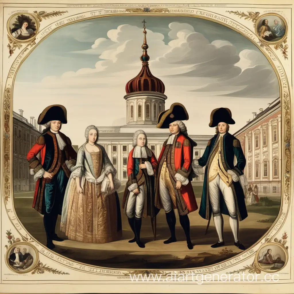 18 век, русские дворяне на фоне университета
 
