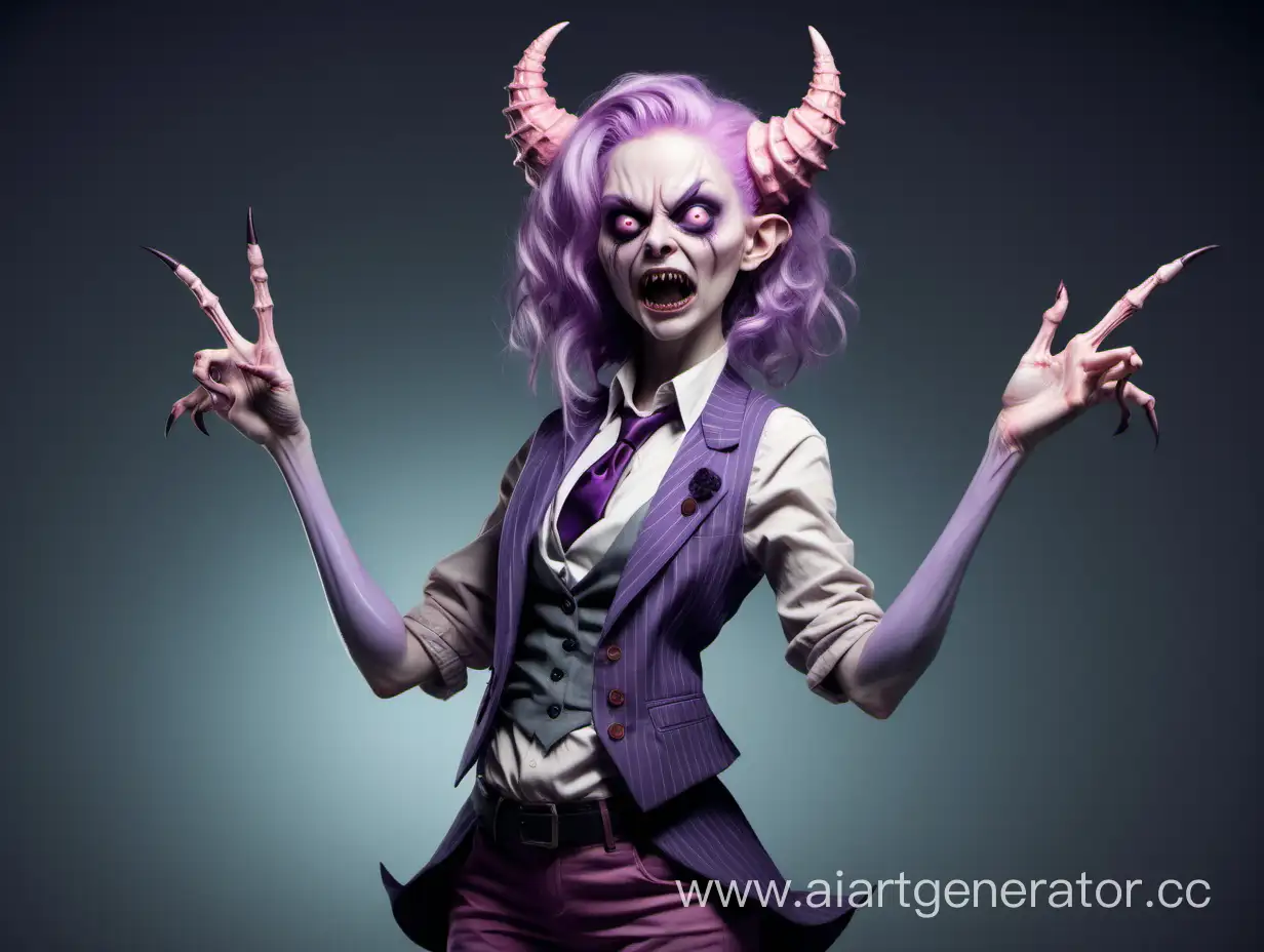 A female monster, four thin arms, a second pair in the form of sickles. Pale pink skin, hairstyle with two cones pointing upwards, hair color purple, dressed in a vest according to strictness.