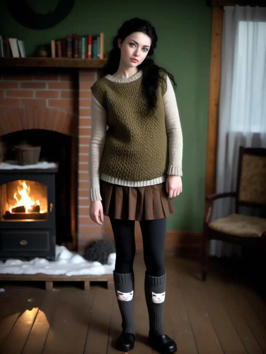 A beautiful girl with tar black hair and cat green eyes is standing on the wooden floor in a rural house. It's winter, it's very cold - there's snow outside. It is night, only a crescent moon shines in the sky above the nearby forest. A strong fireplace burns in the house. The girl is wearing thick hand-knitted brown woolen socks in brown, with a few white circles at the top. She also put on rough and thick woolen gaiters to keep your feet warm. Over the first pair of socks, she put on short gray knitted ankle socks. He wears short rubber boots like galoshes on his feet. She is dressed in thick black soaked leggings, over which socks and boots are worn. He wears a hand-knitted thick and coarse wool sweater in brown and gray colors. Above it a sleeveless knitted sweater, over all this a quilted waistcoat in dirty green. It sits on the floor surrounded by books, an old TV and knitting.