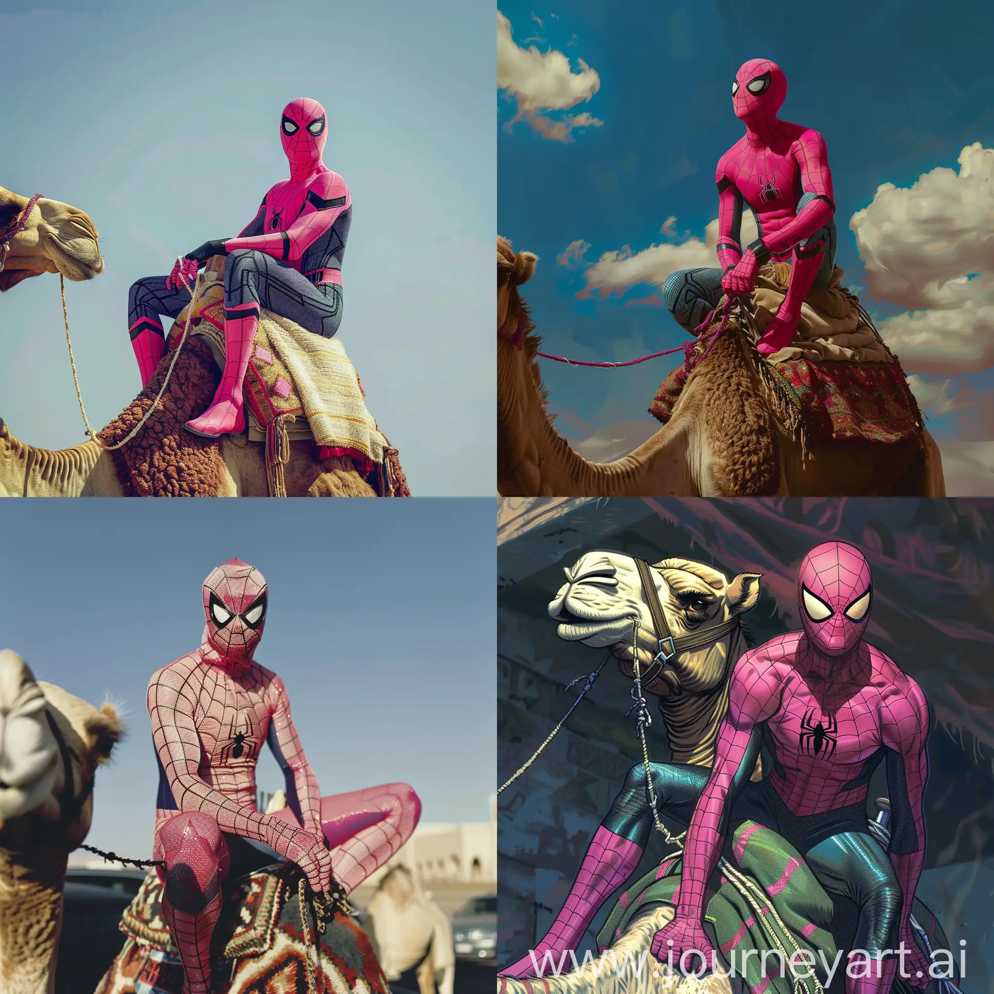 pink spiderman sitting on a camel