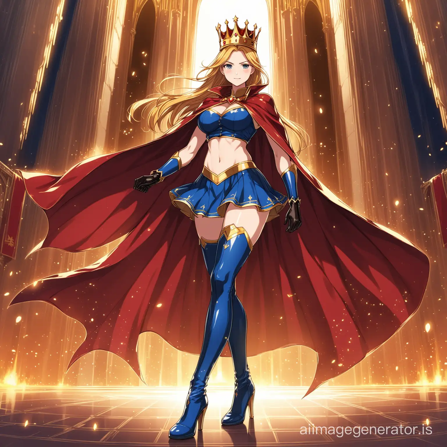 hot anime girl in a royal superhero costume wearing a croptop, a formal skirt, long leather gloves, long boots heels and a cape along with a crown
