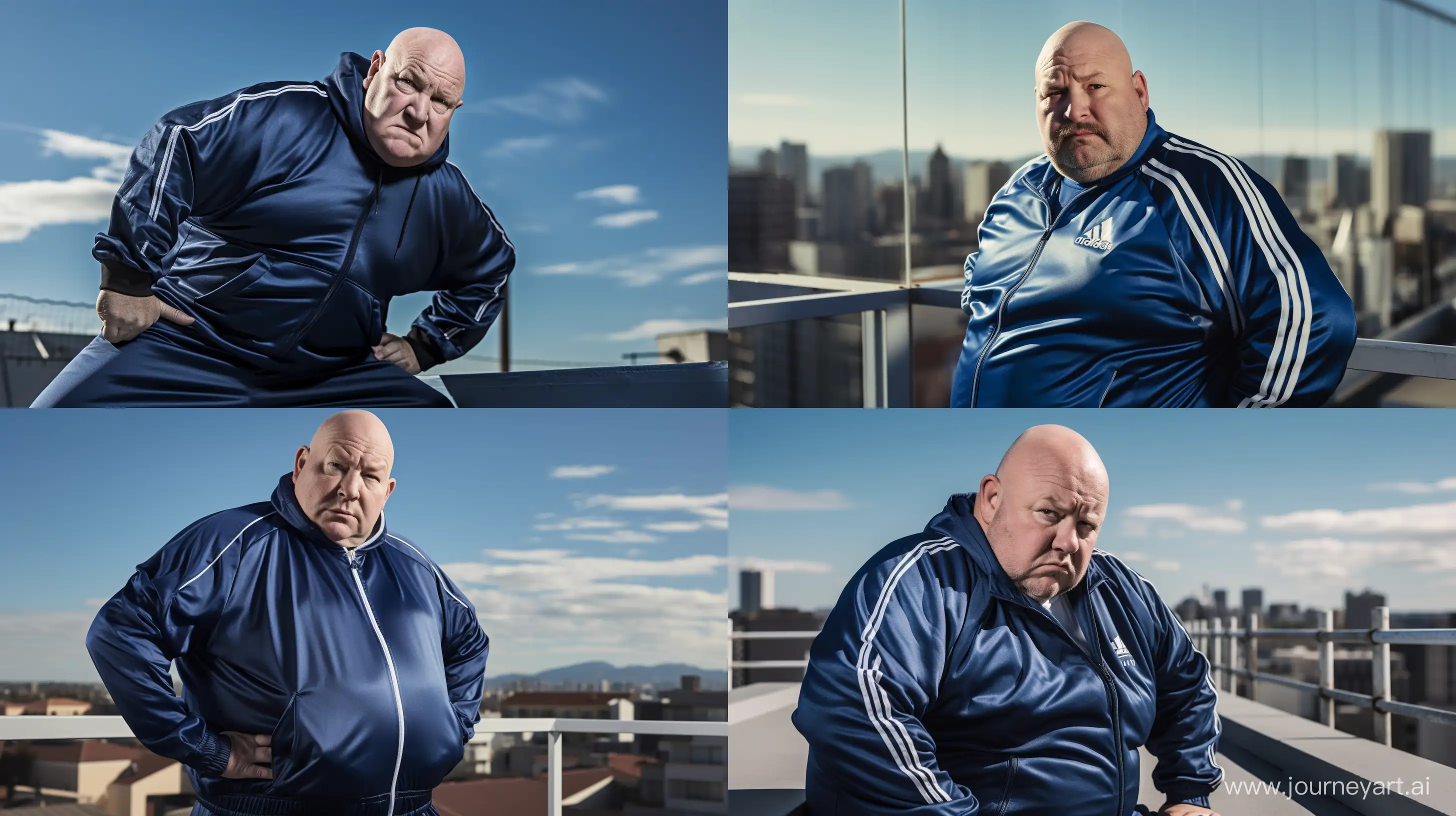 overweight man aged 70 wearing a shiny navy tracksuit, rooftop, daylight, clean shaven, bald, sharp-focus, high-quality, award-winning photograph, Canon EOS 5D Mark IV DSLR, professional lighting setup, Adobe Photoshop --ar 16:9