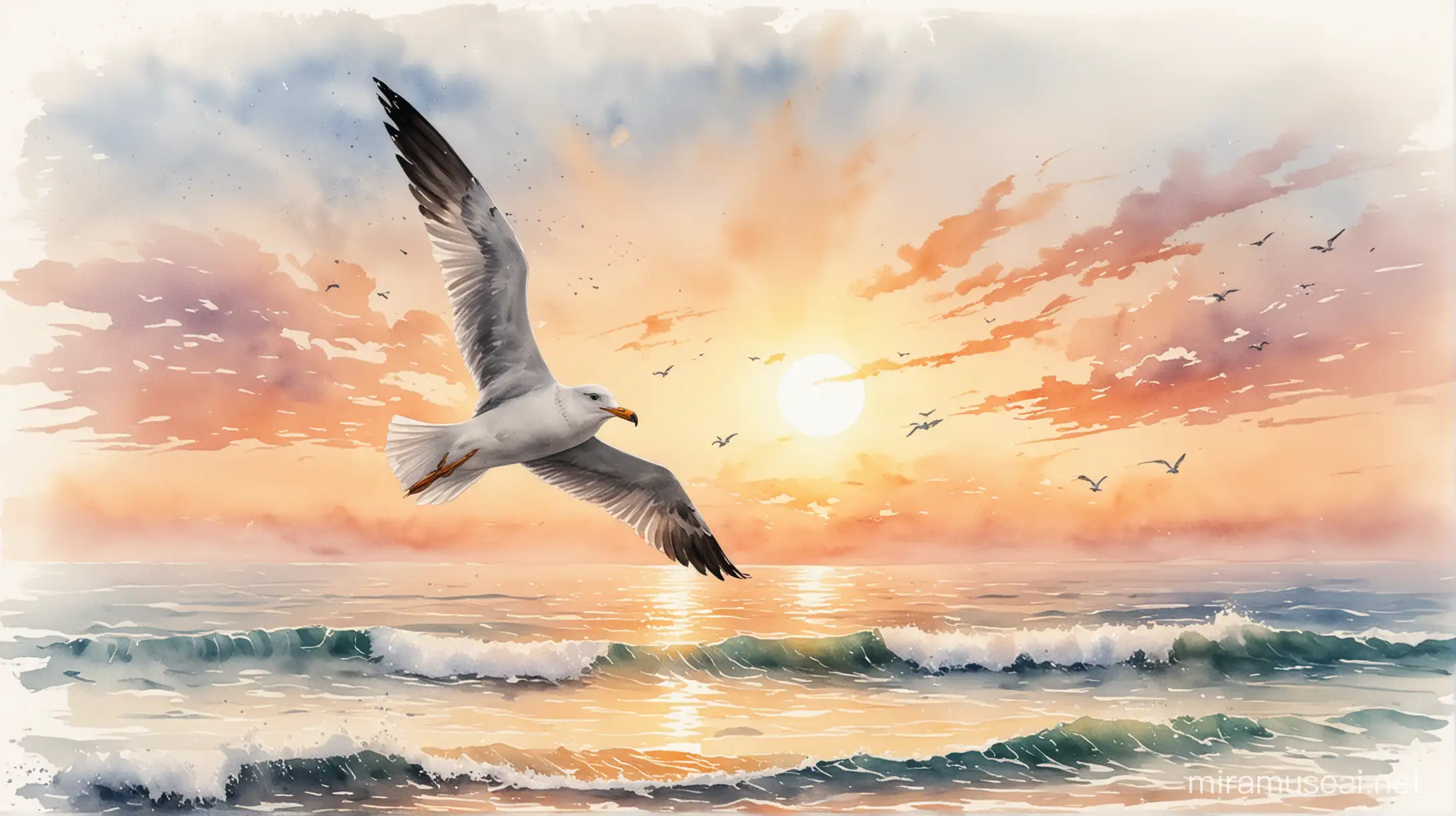 grafika malowana akwarelą, mewa lecąca o wschodzie słońca nad morską bryzą. styl retro. białe tło
