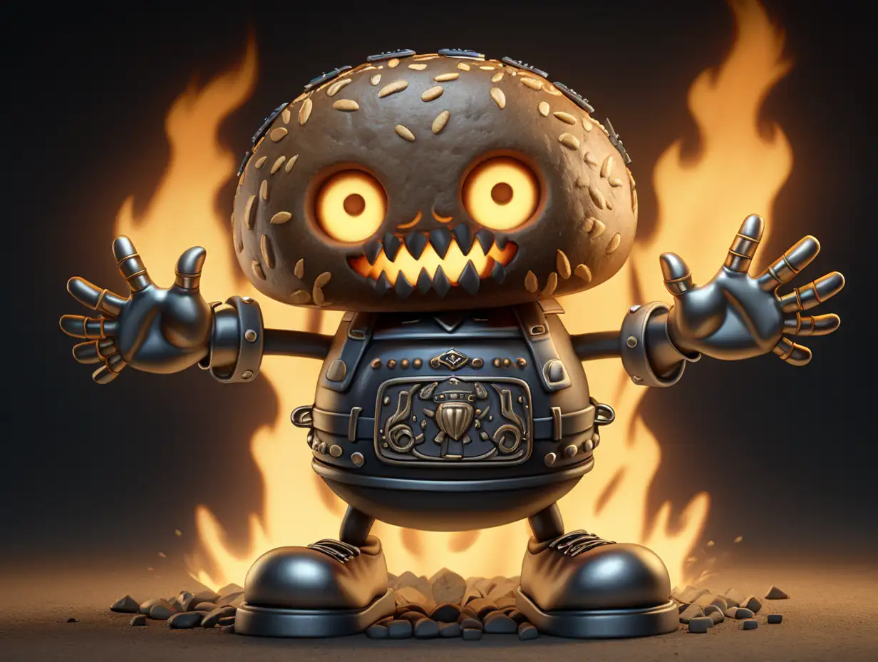 Kolobok . , Coming out of a flame in a furnace , 
A round character with arms and legs made of bread, dressed in rocker clothes  , heavy metal style fary tale Ciematic lighting, 16k, high detail —v 5.2Round bread with eyes and mouth with hands and feet coming out of their black oven, heavy metal style with intricate details. —stylize 750 —v 5.1 A render,